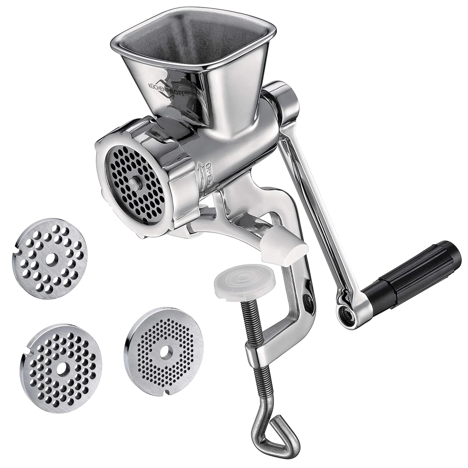 KÜCHENPROFI Fleischwölfe, Silber, SOLIDO Edelstahl Fleischwolf manuell, inkl. 3 Lochscheiben u. Spritzgebäckvorsatz
