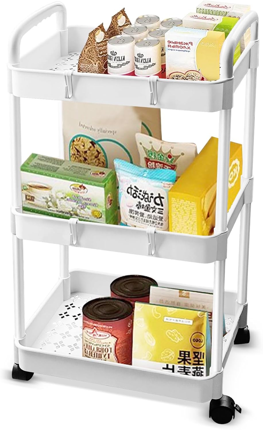 Baxcdyswe 3-Tier Kitchen Trolley Space-Saving Plastic Shelf, 38 × 25 × 76 cm, White Trolley Wheels for Kitchen, Multifunctional Storage for Bathroom, Office, Living Room, Narrow Spaces