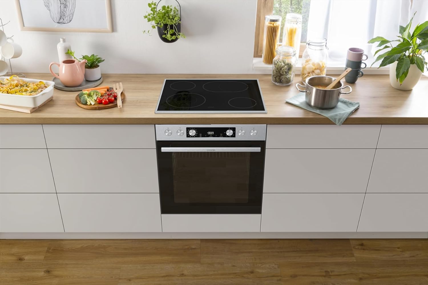Gorenje Einbauherd-Set Heißluft Inox Set 4 mit Glaskeramik-Kochfeld / 77 Liter / ExtraSteam / GentleClose  und  Open / EcoClean / AirFry / PizzaMode / PerfectGrill / Teleskopauszüge / Inox-Look