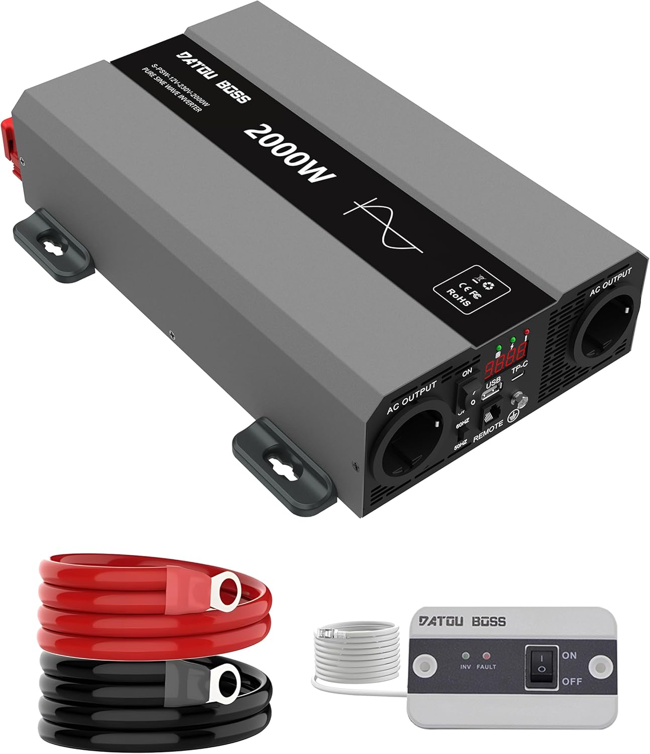 DATOUBOSS Inverter 12v 220v/230v Onda Pura 2000w, Inverter Onda Pura 2000w, Convertitore 12v 220v, Con Presa AC e Porta USB 3A Per Casa, Camper, Camion (SAK-12v2000w)