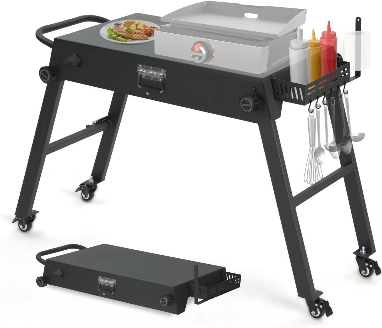 Portable Griddle Stand for Blackstone 17" and 22" Table Top Grills, Ninja Woodfire Outdoor Grill Cart with Wheels   BBQ Spice Rack and Tissue Holder
