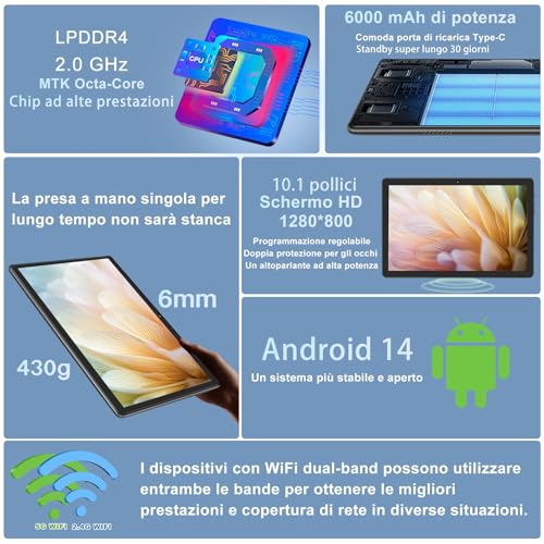 DMOAO Tablet 10 Pollici Android 14 con 18GB RAM   128GB ROM(TF 1TB), HD Tablet con 5G Wi Fi 6, Widevine L1, Octa Core 1.8 GHz, USB C, BT 5.0, 6000mAh, Tablet con Custodia, Nero : Informatica
