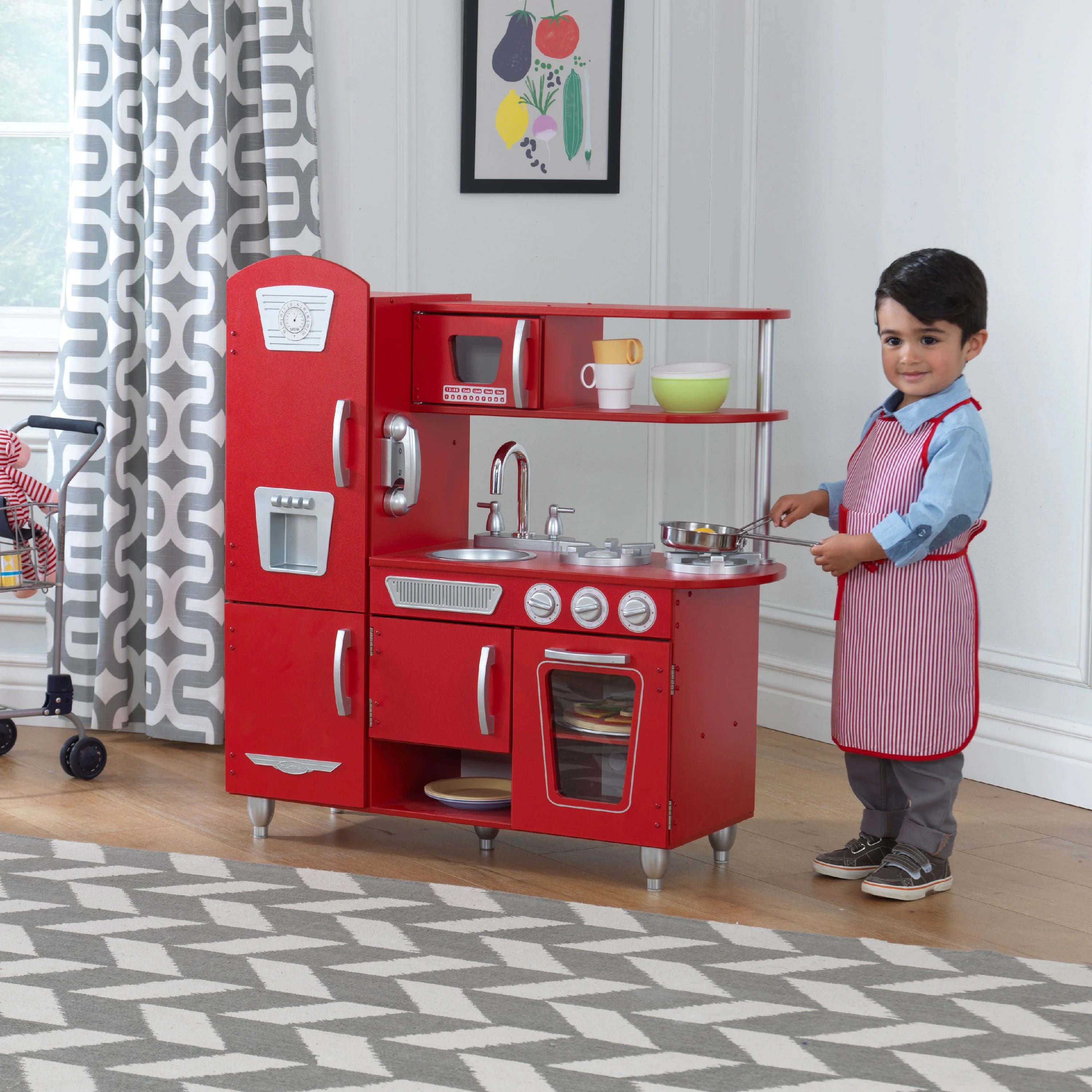 KidKraft Red Vintage Wooden Play Kitchen with Play Phone