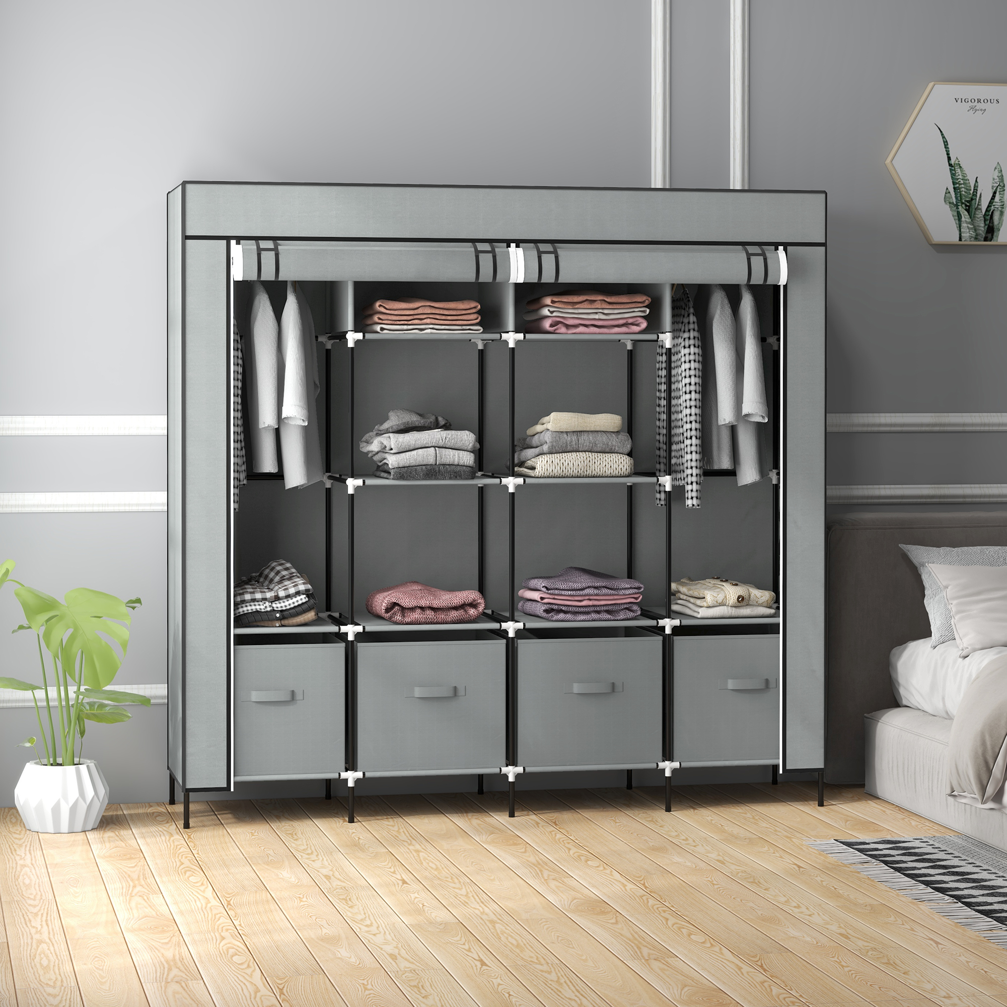 HOMCOM Kleiderschrank Stoffschrank, Türen, 2 Kleiderstangen, 10 Fächer, Grau