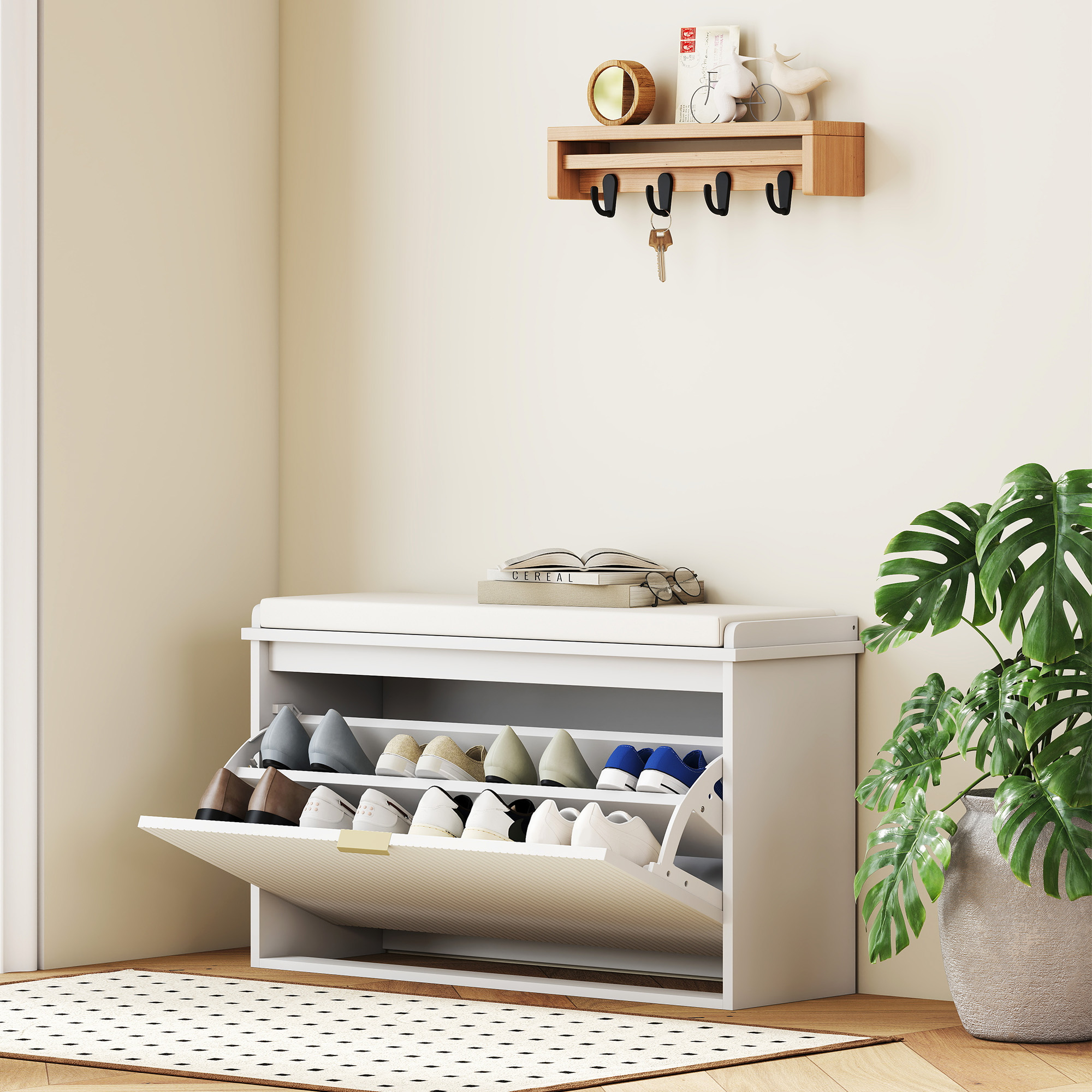 HOMCOM Schuhbank mit Verstellbarem Innenregal, aus Holz und Leinenstoff, 80x26x47,5 cm, Weiß und Beige