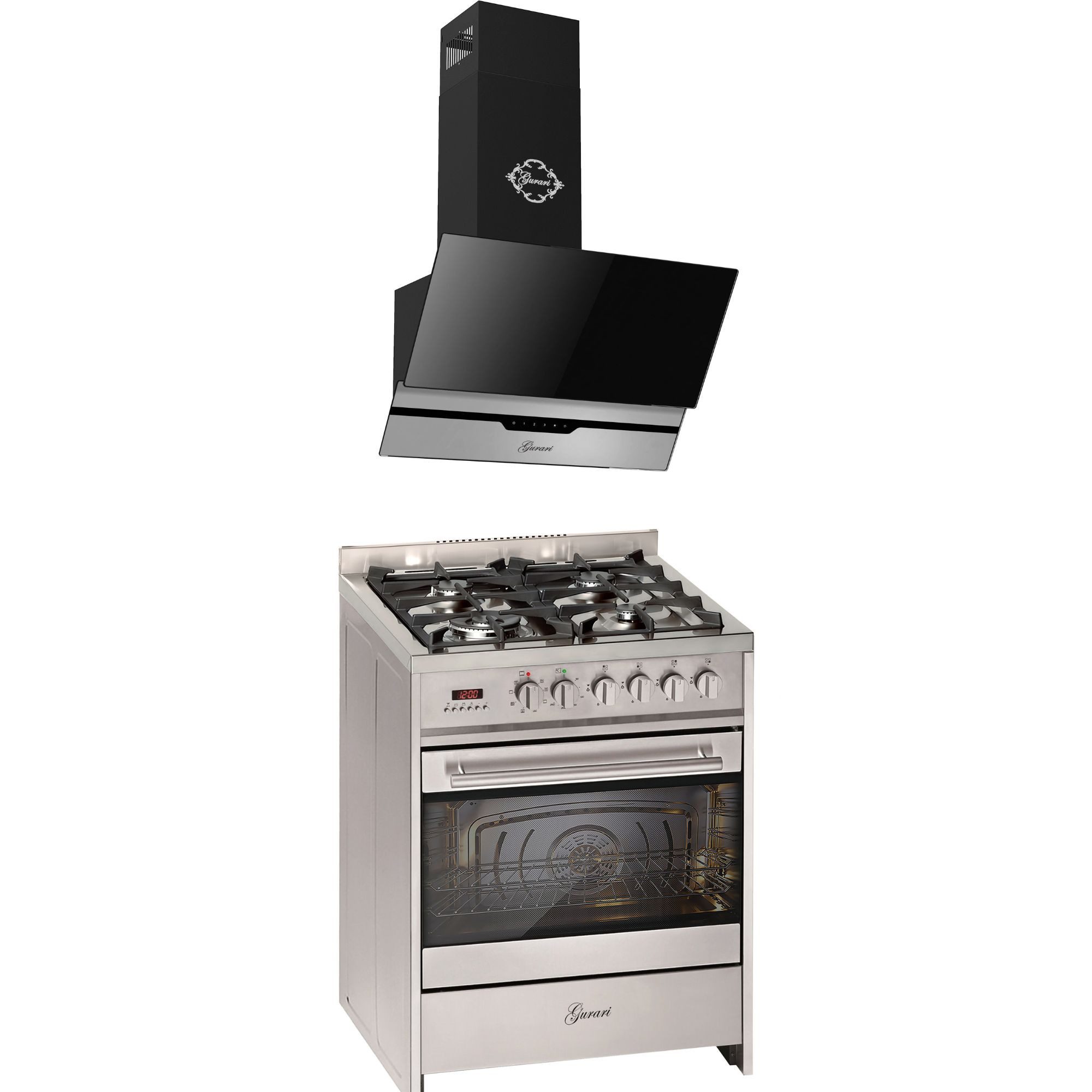 Gas-Standherd 60 cm Edelstahl Gasherd mit Elektrobackofen 60 L Range Coocker+Dunstabzugshaube 60 cm, 1000 m³/h, Edelstahl, Schwarzglas GCH E 610 X+CH6065 F