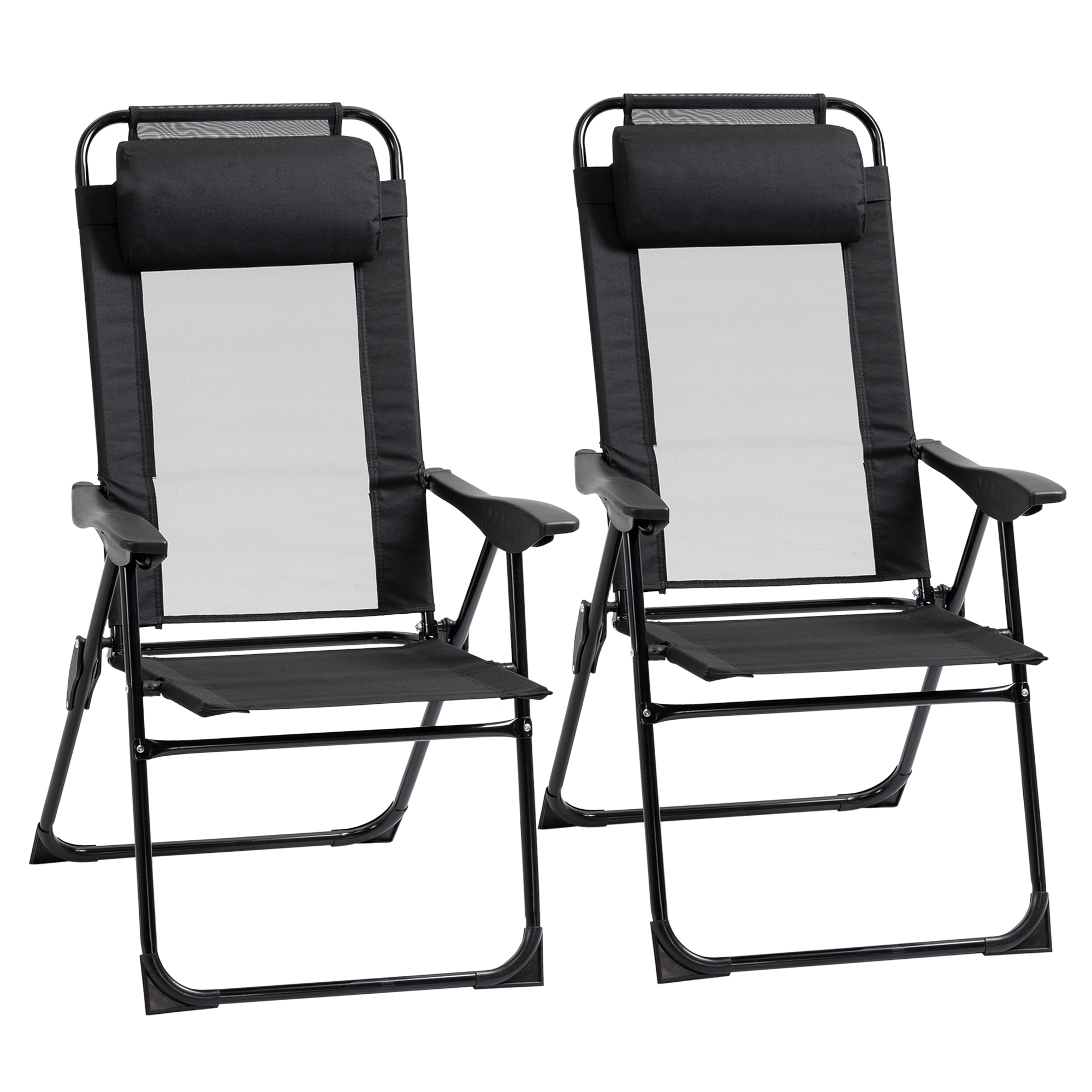 Outsunny Set mit 2 Gartenstühlen Basic-Set mit 2 klappbaren Stühlen, Campingstuhl, Balkonstuhl, Armlehne, verstellbare Rückenlehne in 5 Positionen, abnehmbares Kissen, Oxford-Gewebe, Textilene, Schwarz