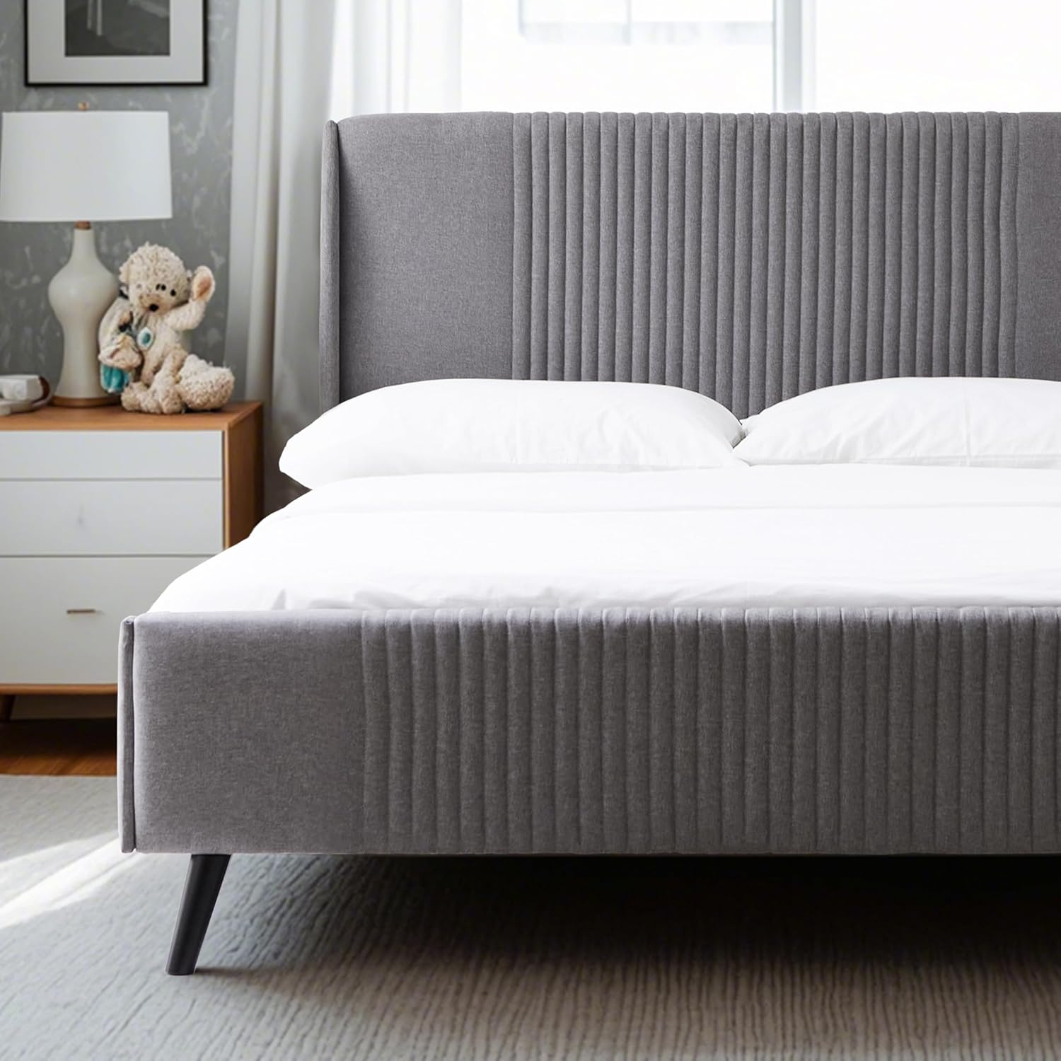 Livinia Sunset Queen Size Wingback Platform Bed, Fabric Upholstered Queen Bed Frame with Vertical Channel Tufted Headboard Footboard, Strong Wood Slats, No Box Spring Needed, Gray (Queen)