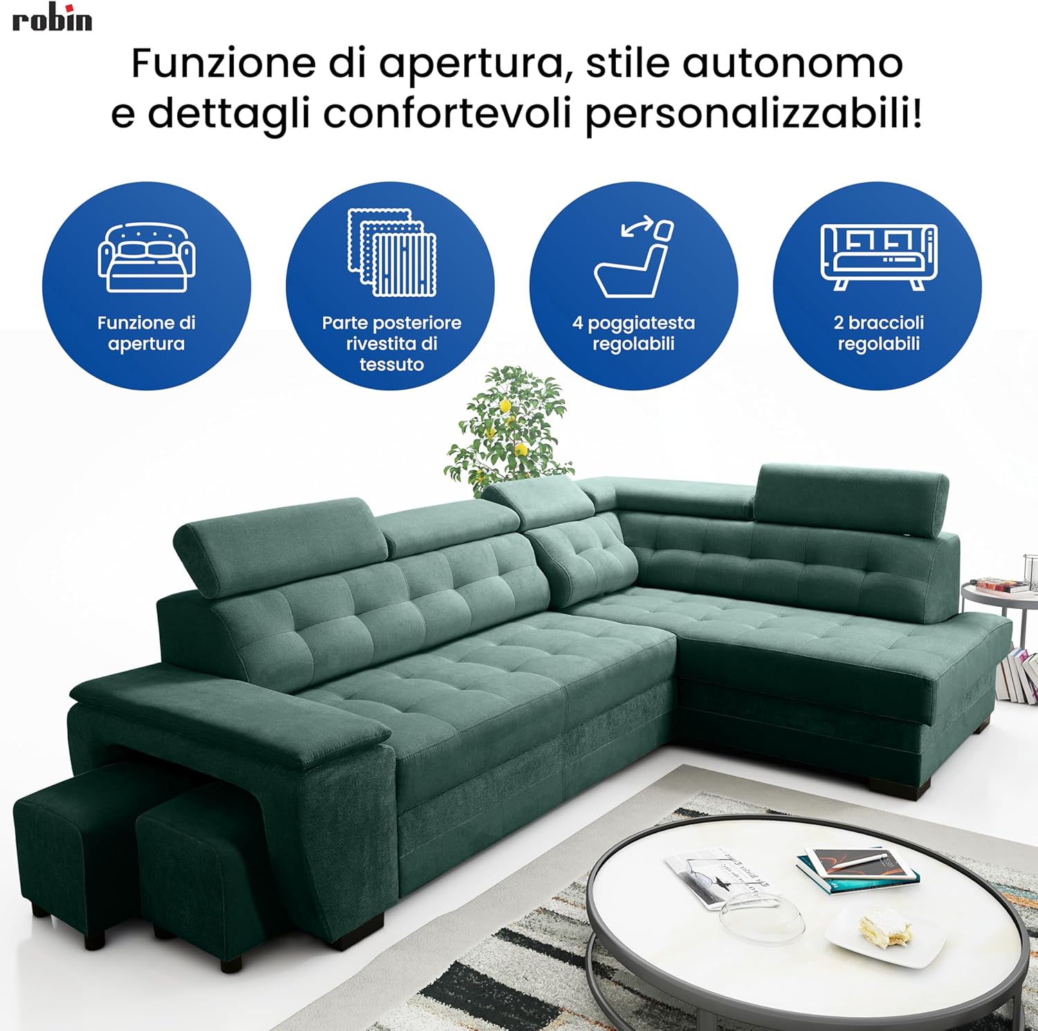 Robin Inspire Grand Divano angolare con funzione di letto cassetto per la biancheria due pouf poggiatesta regolabile angolo a destra grigio scuro 277 x 180 x 100