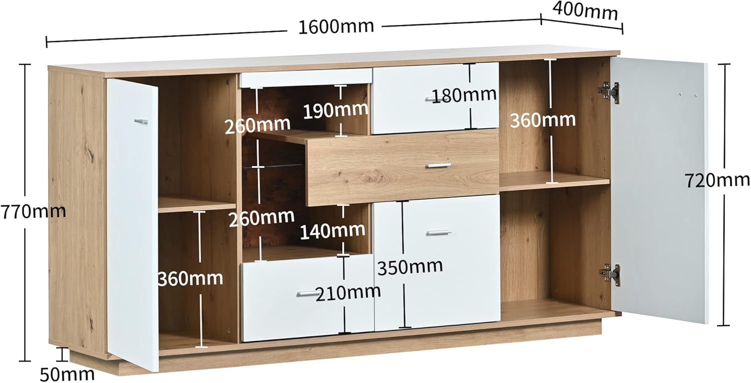 Mobile Contenitore Credenza con LED, Madia Mobile da Cucina con 2 Ante e 4 Cassetti, Mobile Dispensa Cucina Buffet da Cucina per Soggiorno Cucina Sala da Pranzo, 160x40x77 cm, Bianco & Natur
