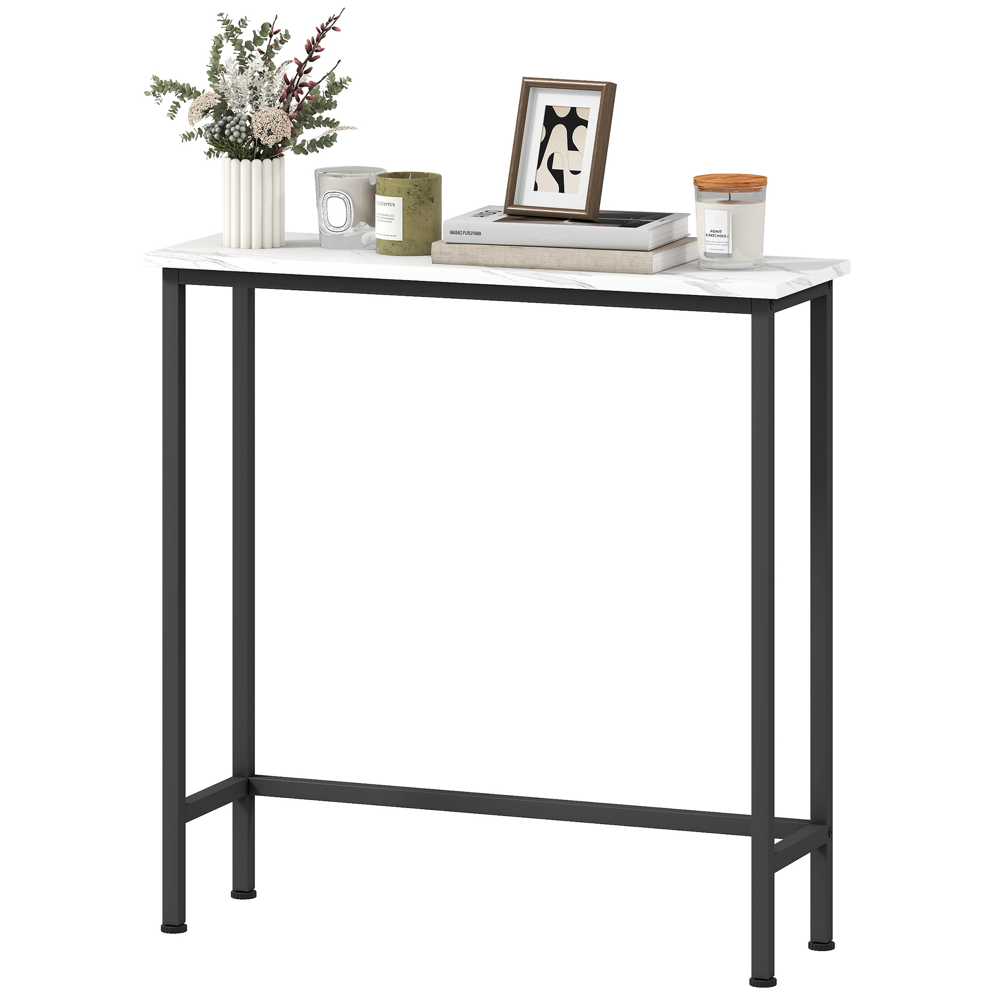 HOMCOM Eingangskonsolentisch Schmal mit Marmorierter Oberfläche und Metallrahmen 75x24x76 cm Weiß und Schwarz