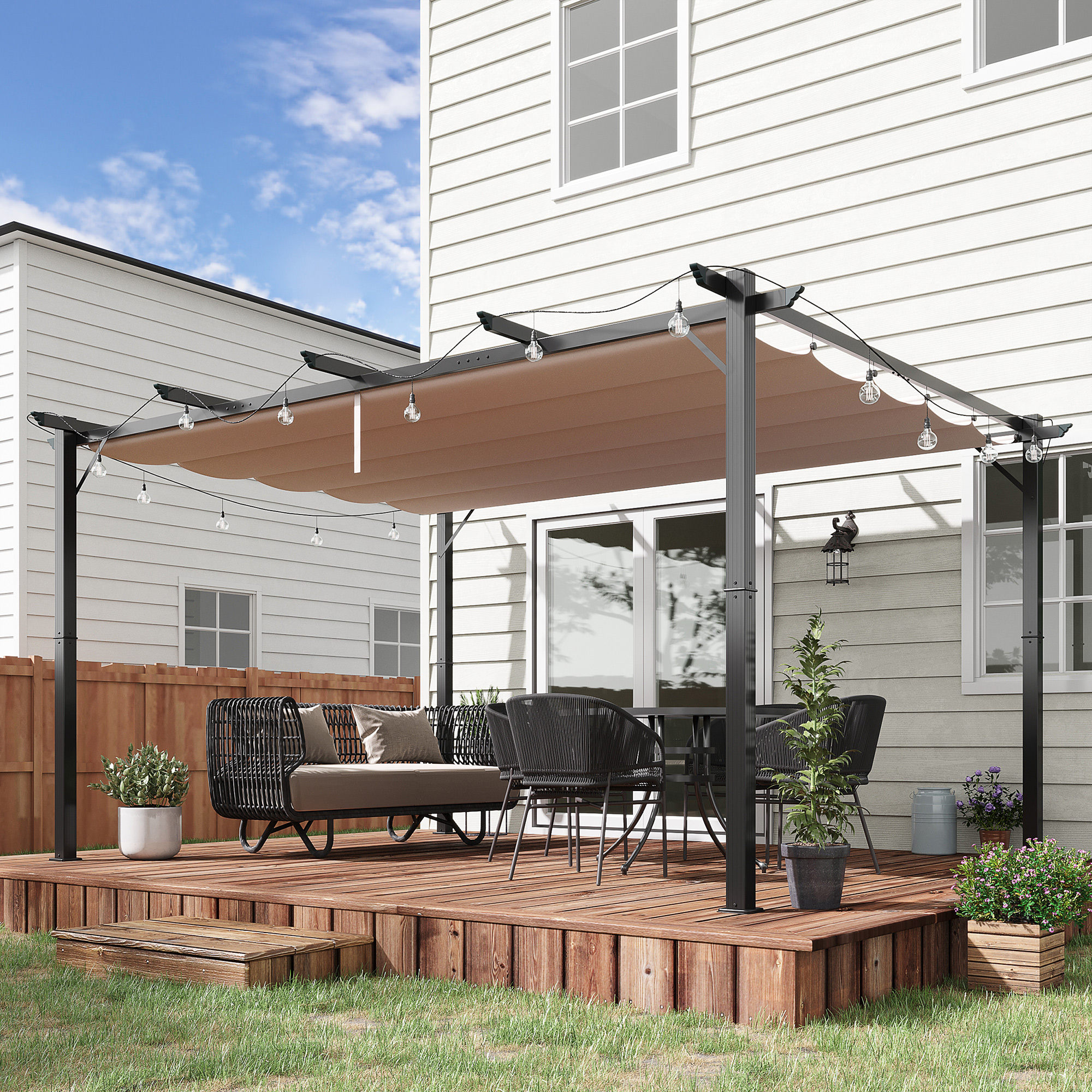 Outsunny Pergola Pavillon mit einstellbarem Stoffdach 3 x 4 m Terrassen-Vordach Aluminium Sonnenschutz Überdachung Terrasse Garten Grau+Braun