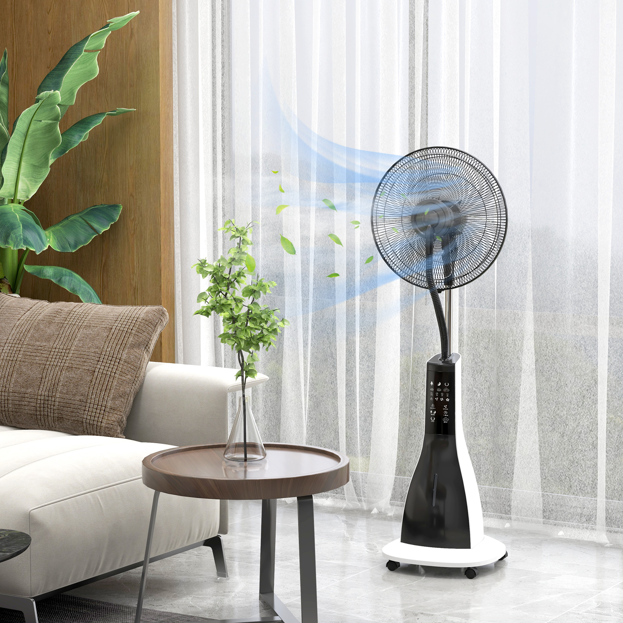 Ventilator met Luchtbevochtiging, stil, mobiel, afstandsbediening, Zwart/Wit