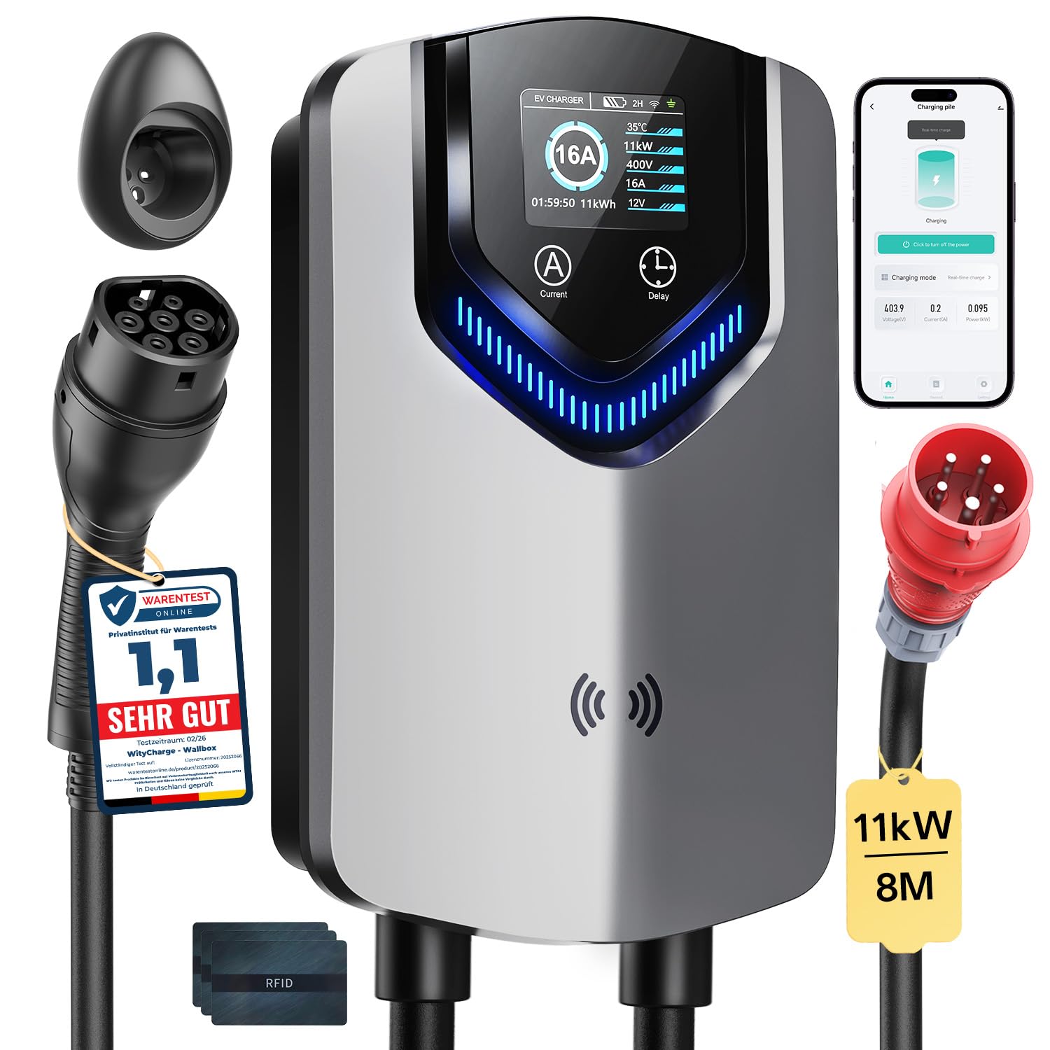 Wallbox 11kW mit App und RFID dreiphasiges 400V Typ 2 EV Ladegerät für Elektroautos zu Hause