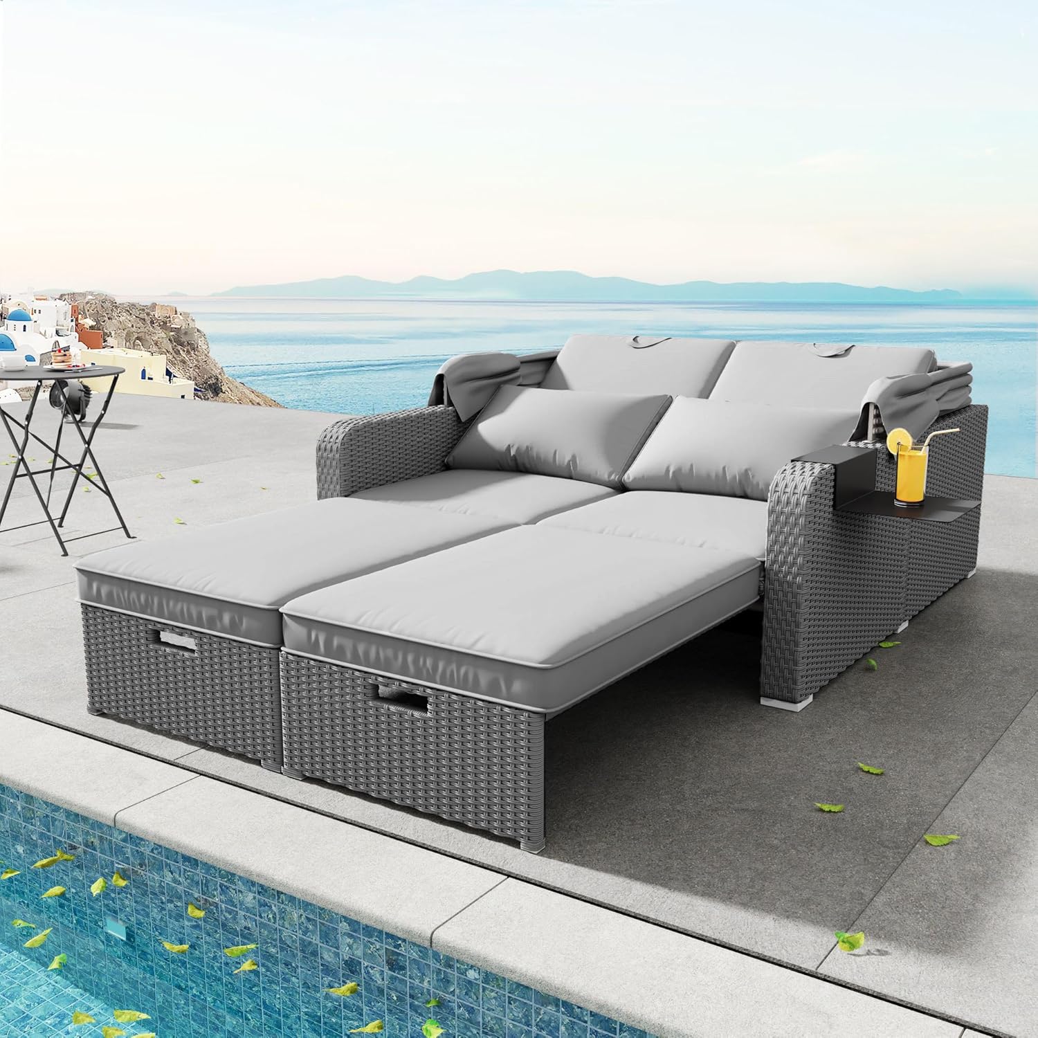 Polyrattan Gartenmöbel für 2 Personen, Gartensofa, Loungesofa, Abnehmbare Markise, Polyrattan und Schwamm, Gray