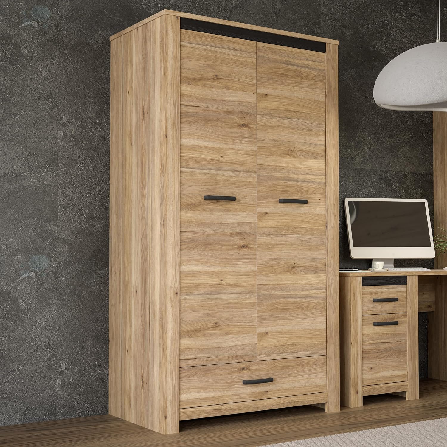 Forte SAN CAYETANO Kleiderschrank 110, Schrank mit 2 Drehtüren und 1 Schublade, 106,6 cm breit x 197,9 cm hoch x 60,1 cm tief, Holzwerkstoff