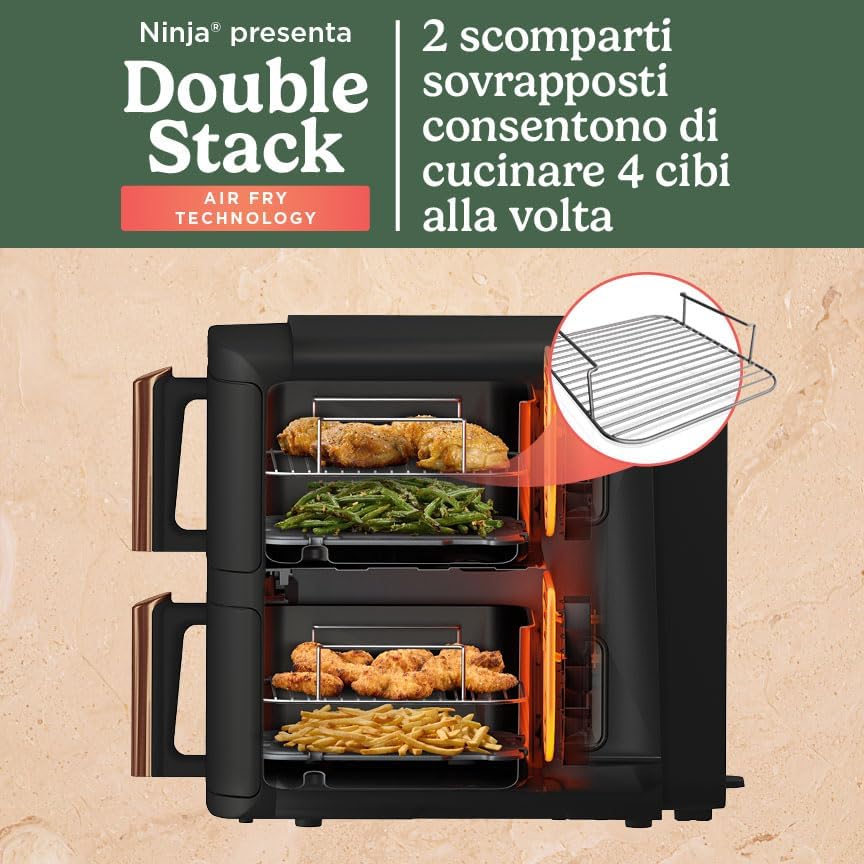 Ninja Double Stack XL Friggitrice ad Aria Verticale, Doppia Zona, 4 Livelli, 2 Scomparti, 2 Griglie, Capienza 9.5L, 6 Funzioni, 8 Porzioni, Parti Lavabili in Lavastoviglie, Pinze, Nero/Rame, SL400EUCP