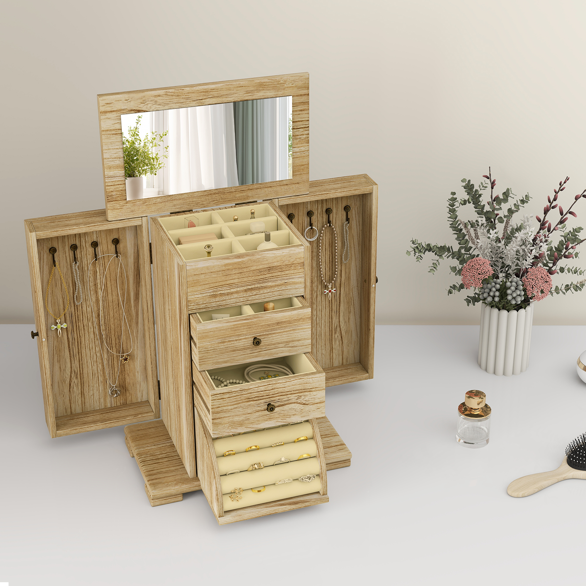 HOMCOM Schmuckbox, Schmuckschatulle, 4-stufiges Layout, integrierter Spiegel, Holz, Braun