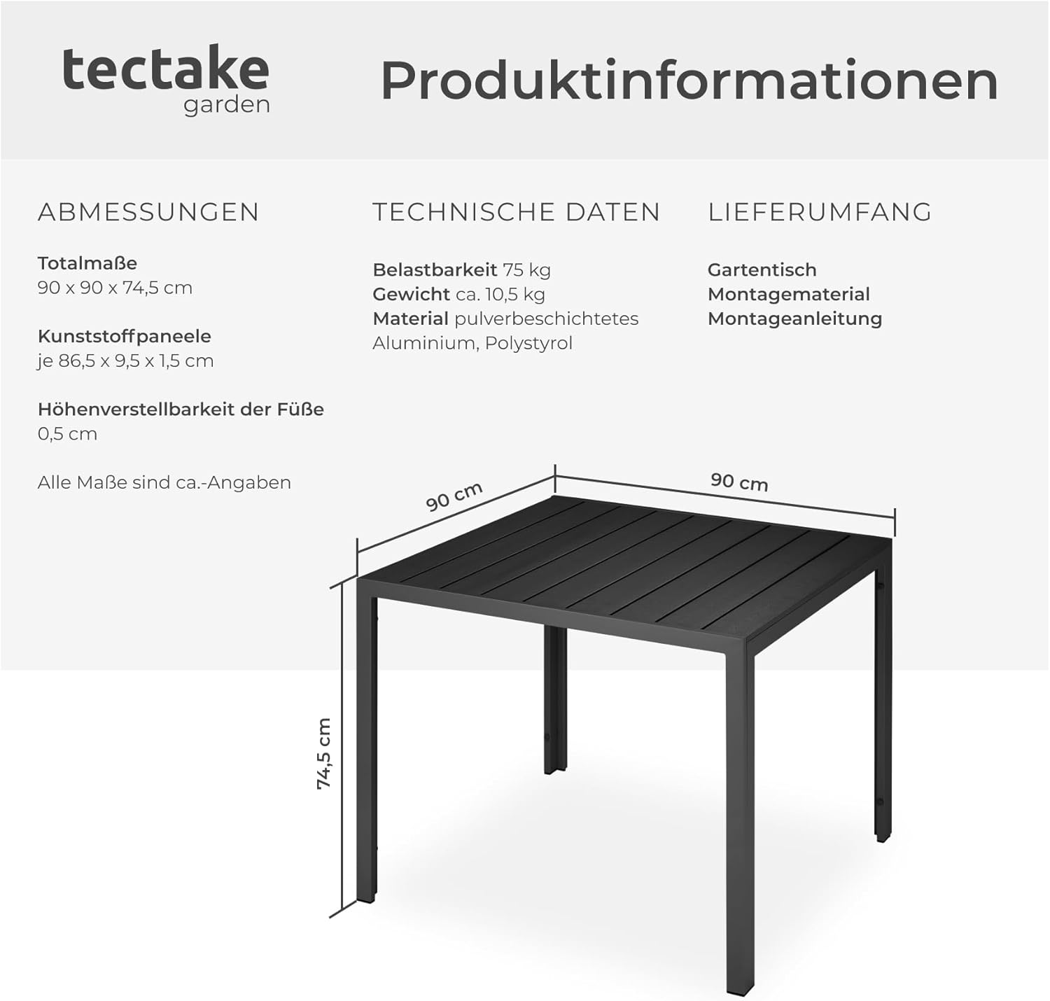 tectake® Gartentisch, Outdoor Esstisch, Balkontisch in Holz Optik, Terrassentisch mit Aluminiumrahmen, Gartenmöbel wetterfest, 90x90x74,5cm, Tisch für Garten, Lounge, Sitzgruppe - schwarz
