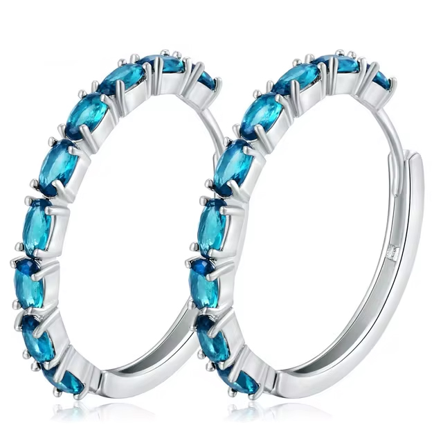 Sky Blue Charm Austrian Crystal Sterling Silver Hoop Earrings