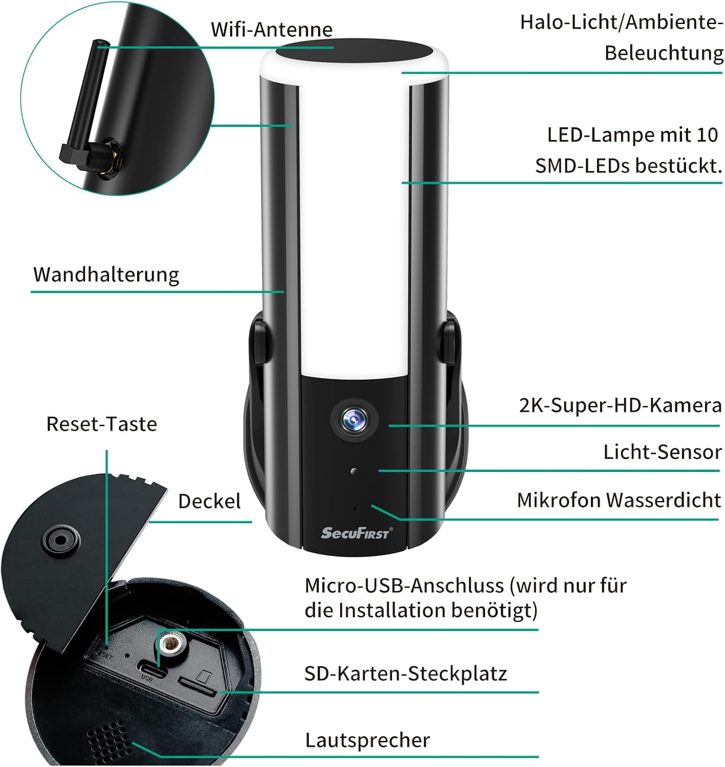 SecuFirst Wandleuchte Kamera, Kabelgebundene Außenleuchte mit Kamera mit Bewegungsmelder, 900LM,10W,2K Outdoor Überwachung mit LED Strahler, 2 STK.