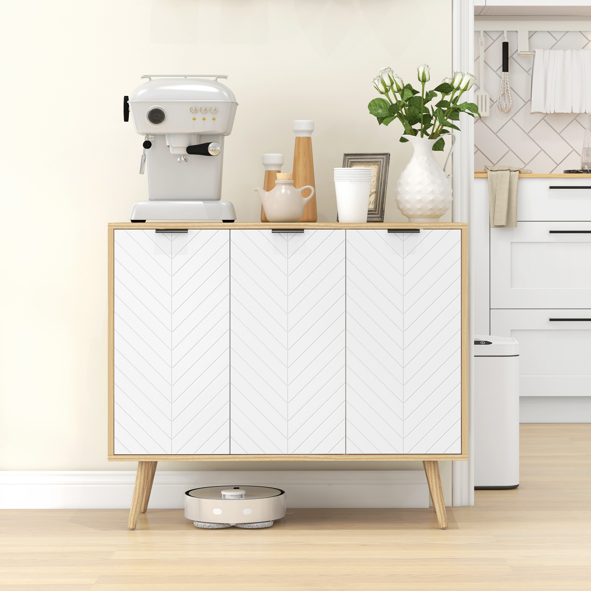 HOMCOM Niedrigschrank Aufbewahrungsmöbel 2 Schränke 3 Türen Chevron-Muster höhenverstellbare Regale 91,5 x 35 x 77,4 cm Naturholz