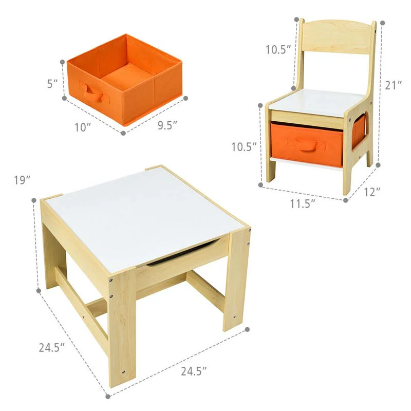 3-in-1 Kids Wood Table Chairs Set with Blackboard & Storage Drawers, Children Multi Activity Table for Learning Playing Drawing