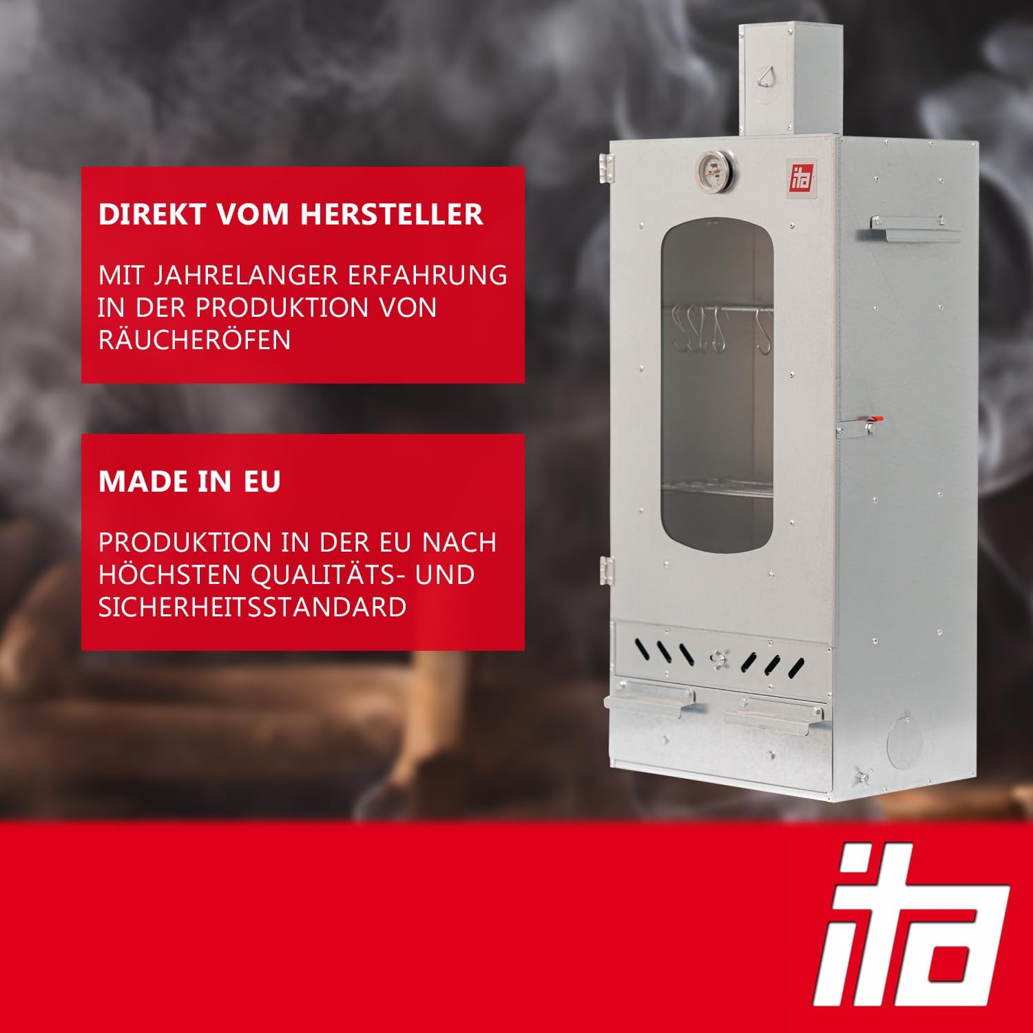 ITA Räucherofen 7012 - Smoker Set mit Rauchgenerator, Heizelement, Tisch & Räucherspänen - Räucherschrank mit 3 Etagen - Legierter Stahl, mit Sichtfenster & Kaminabzug