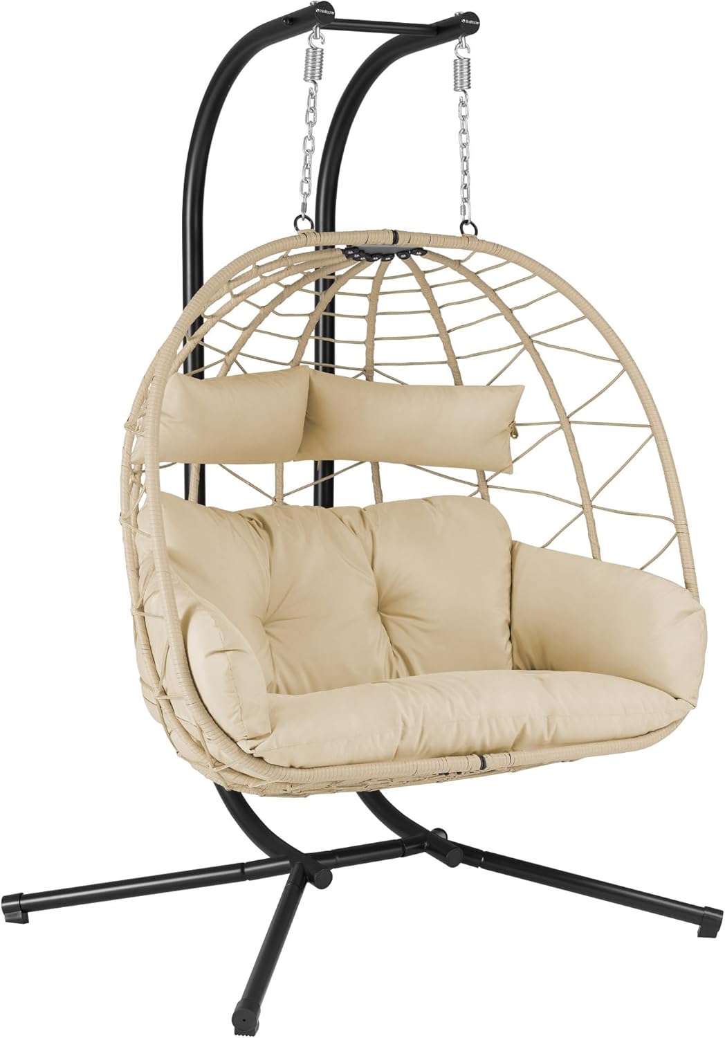 Hanging Chair for 2 People with Support | Cream | XXL Swing for Indoor and Outdoor | Cushion and Cushion Included | Two Seater Chair, Wicker Chair