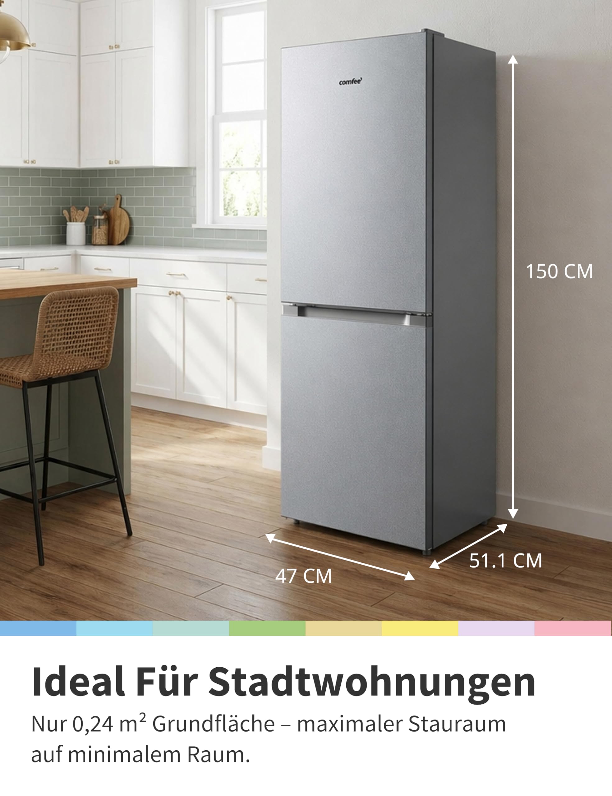 Comfee Kühl Gefrierkombination 174L 150cm Höhe 39dB Low Frost 180 Grad Flipregal leise Haushalt