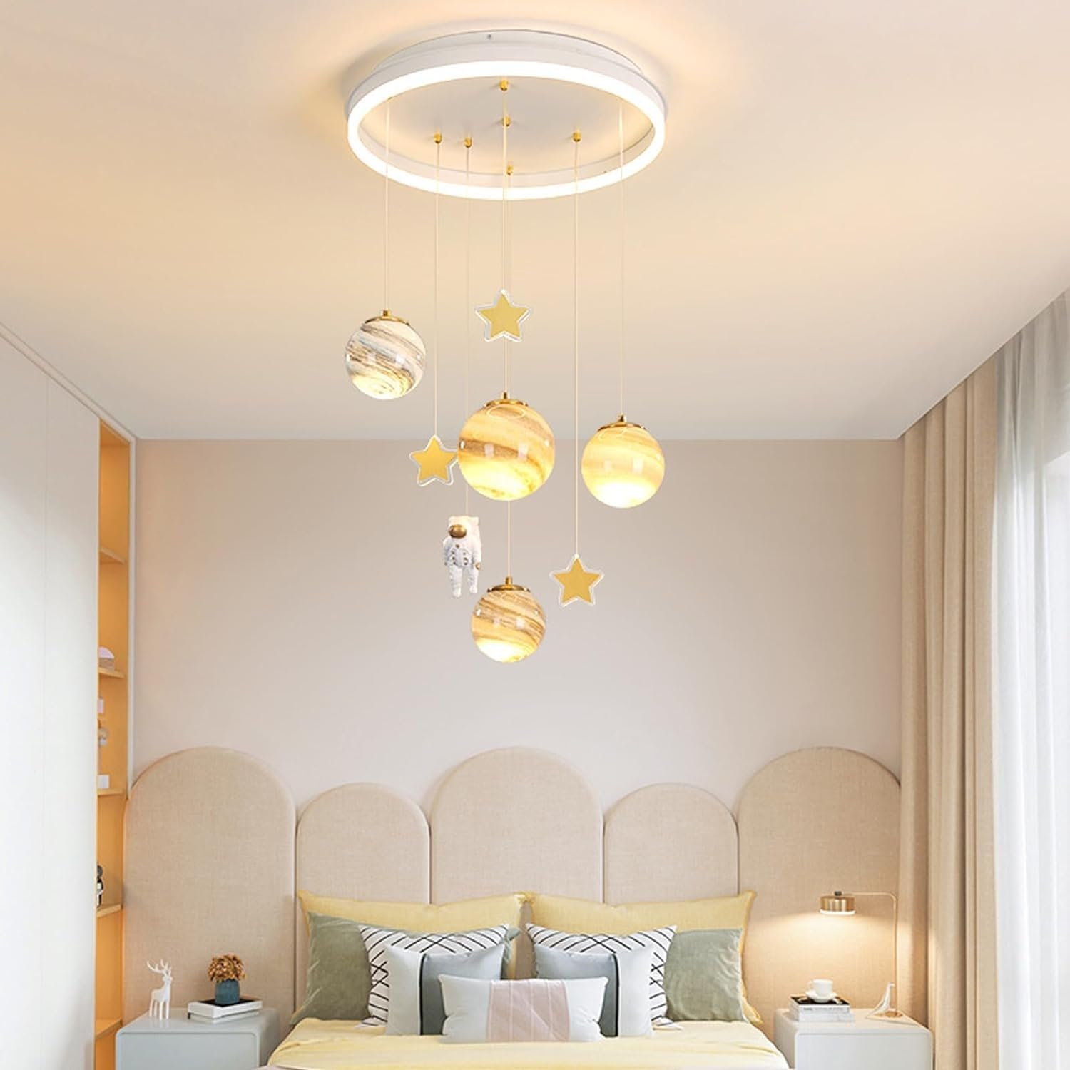 Kinder LED Deckenleuchte Dimmbar Planet Kronleuchter Kinderzimmer Lampe Modernes Design Mond Astronaut Mit Fernbedienung Schlafzimmer Beleuchtung