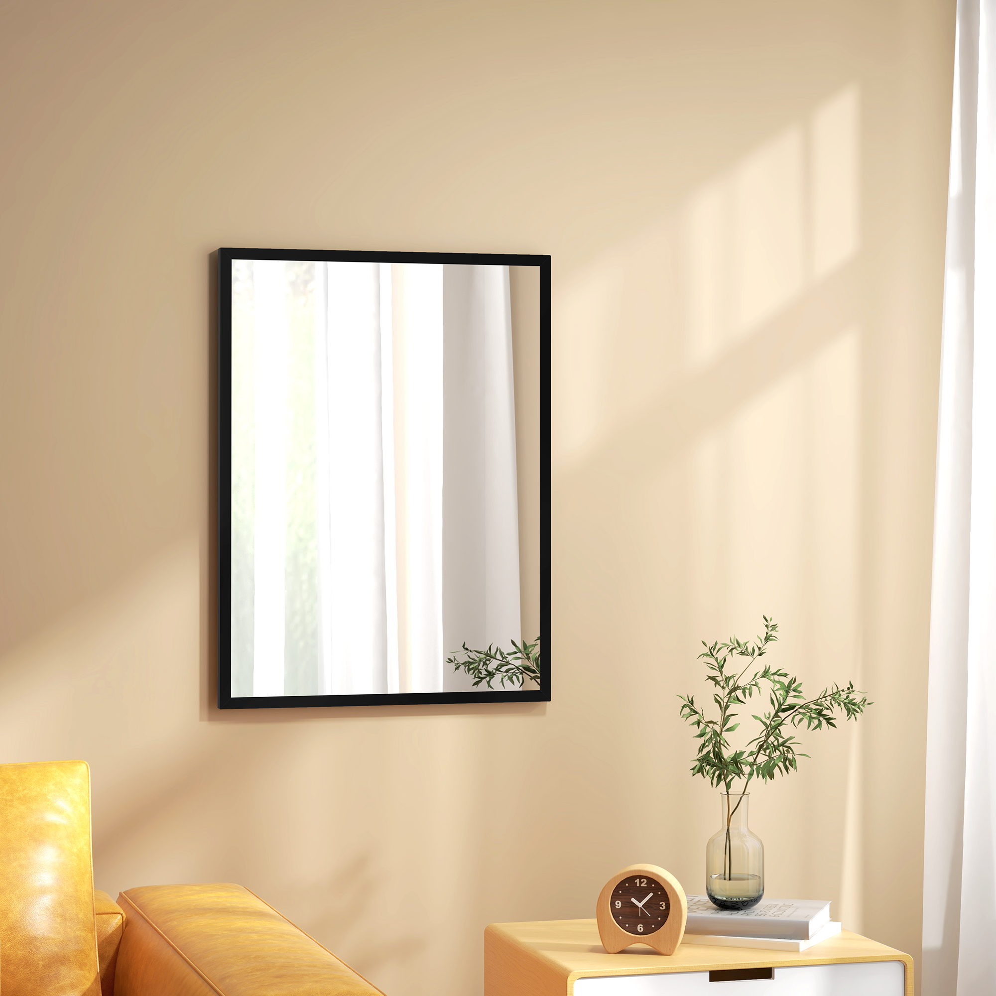 HOMCOM Rechteckiger Wandspiegel mit Haken, aus Glas und MDF, 60x80 cm, Schwarz
