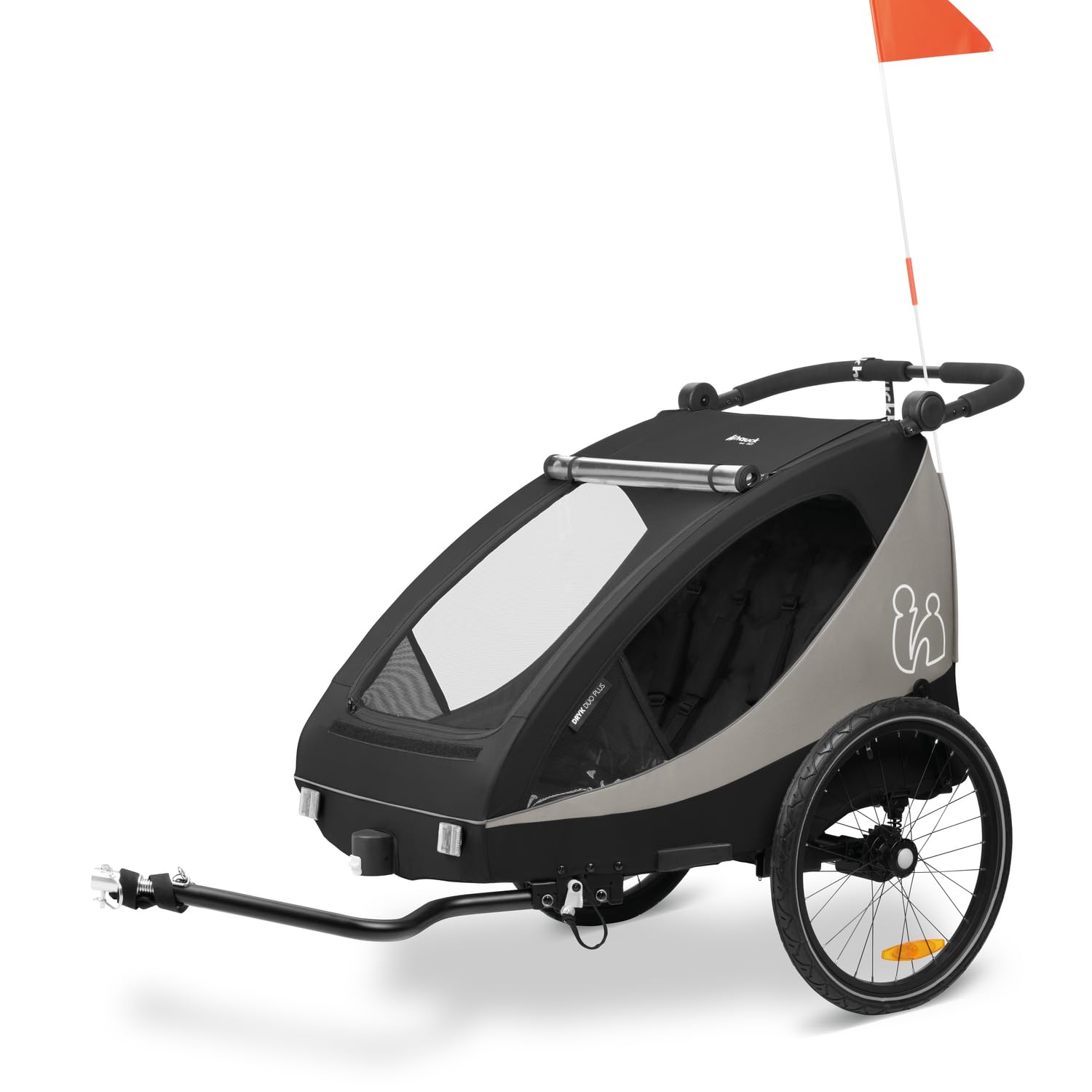 hauck Fahrradanhänger & Kinderwagen Dryk Duo Plus mit Federung, für 2 Kinder (6-48 Monate), inkl. Deichsel, Buggyrad, Fahne und LED Licht, Faltbar, Höhenverstellbar, XL Kofferaum (Dark Green)