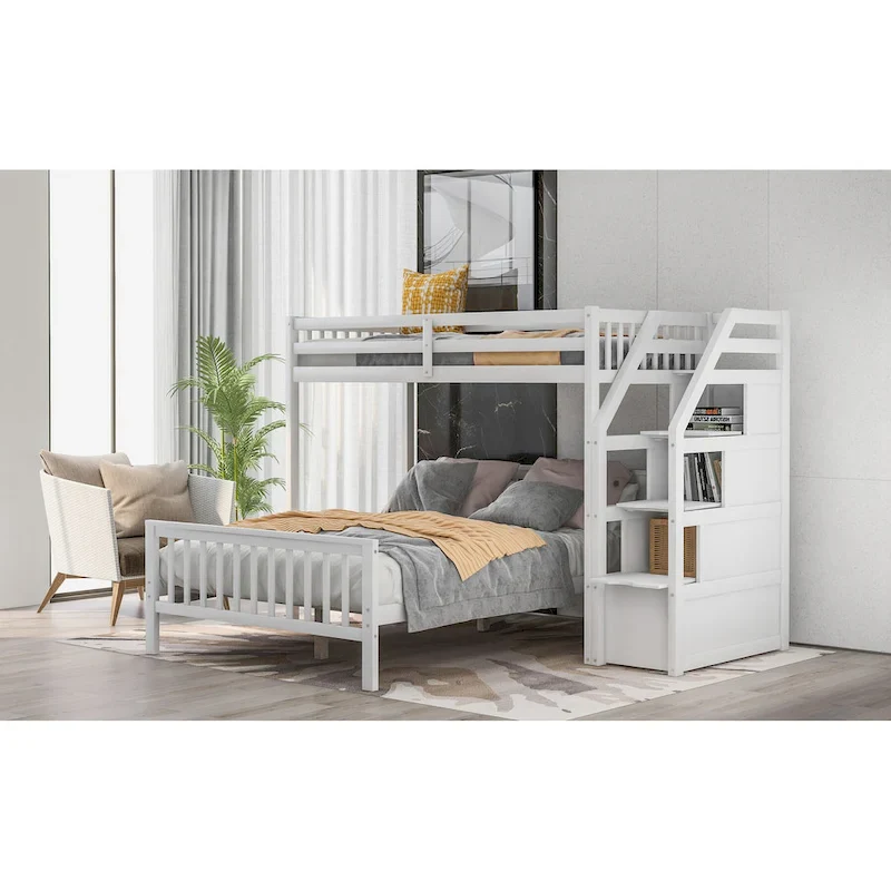 Twin Over Full Wood Loft Bed with Staircase,High Guardrails and Ladder
