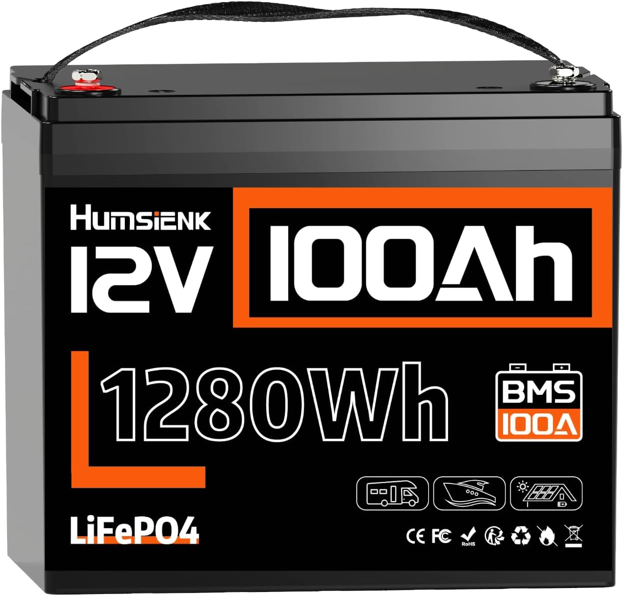 Humsienk Batteria Litio 12V 100Ah con 100A BMS e Protezione Bassa Temperatura, 1280Wh Energia, Max. 15000 cicli, Batteria LiFePO4 12V per Camper, Barca, Impianti Solari, Off-Grid