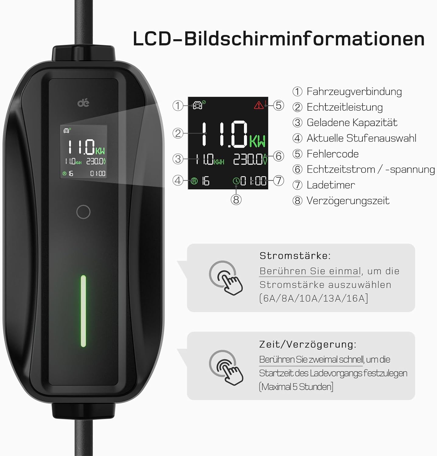 dé Mobile Wallbox/Ladestation 11kW 3-phasig|7m|6-16A] mit Traveller Adapter Set, Ladekabel CEE 16A auf Typ 2 und EV Ladegerät für Model Y/3, ID.3/4/5, MG4, EX30, e-up, e-tron, Zoe und andere EV