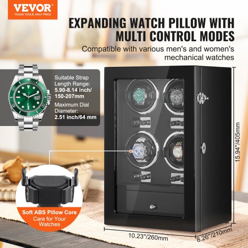 VEVOR Uhrenbeweger, Automatik-Uhrenbeweger, Watch Winder, Uhrenbeweger für Automatikuhren, Automatischer Uhrenbeweger mit Platz für 4 Uhren, LED Beleuchtung, 150–207 mm Einstellbar Riemenlänge
