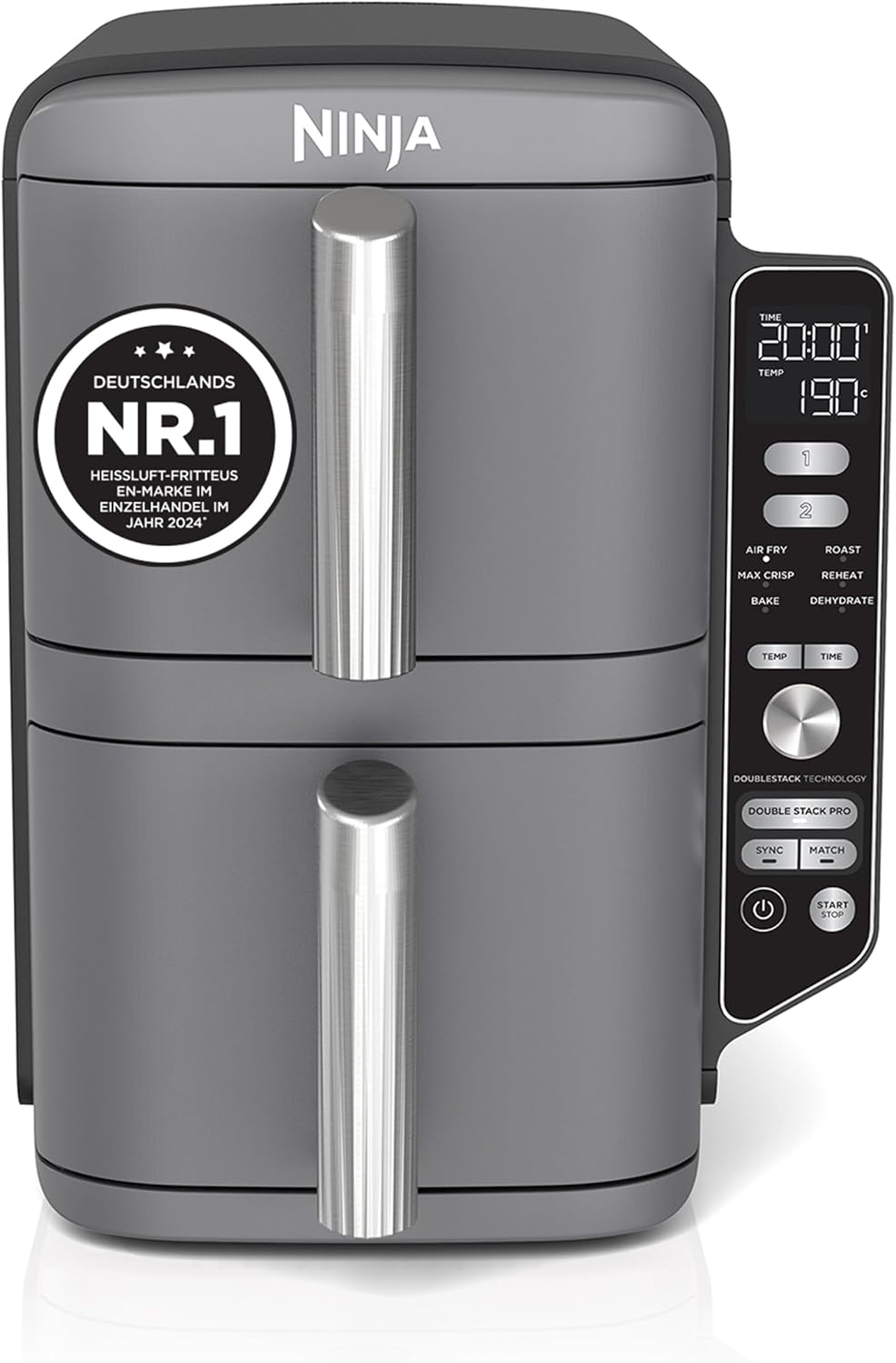 Ninja Double Stack XL Heißluftfritteuse, 2 vertikale Schubladen, 4 Kochstufen, 2 Einschübe, platzsparendes Design, 9,5 L Fassungsvermögen, 6 Funktionen, 8 Portionen, Zange, Schwarz/Kupfer SL400EUCP