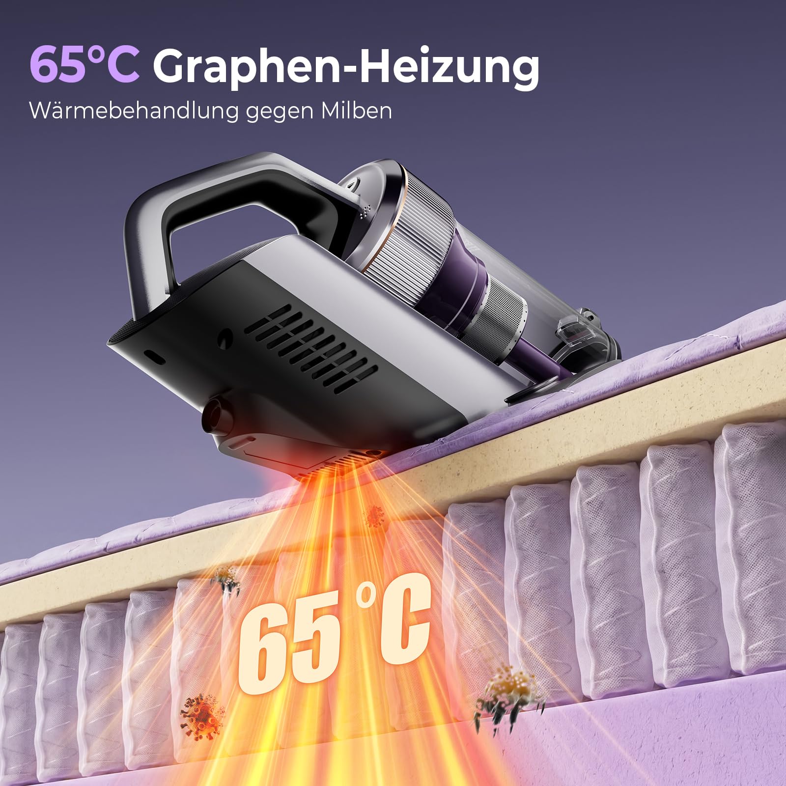 Milbensauger BX8 Pro 600 W 17 kPa Saugkraft UV-C-Desinfektion 65 °C Graphen-Heiztechnologie für Matratzen und Sofa