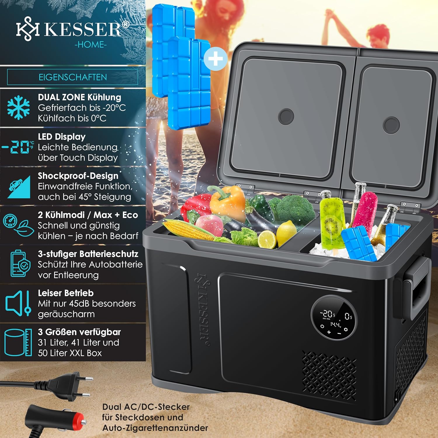 KESSER® Kompressor Kühlbox 2in1 Doppelzone Kühl & Gefrierfach elektrische Gefrierbox mit 2x Kühlakkus & LED-Touch-Bedienung | Kühlschrank Kühlung bis -20 °C für Camping, Auto, Lkw 12/24V 230V