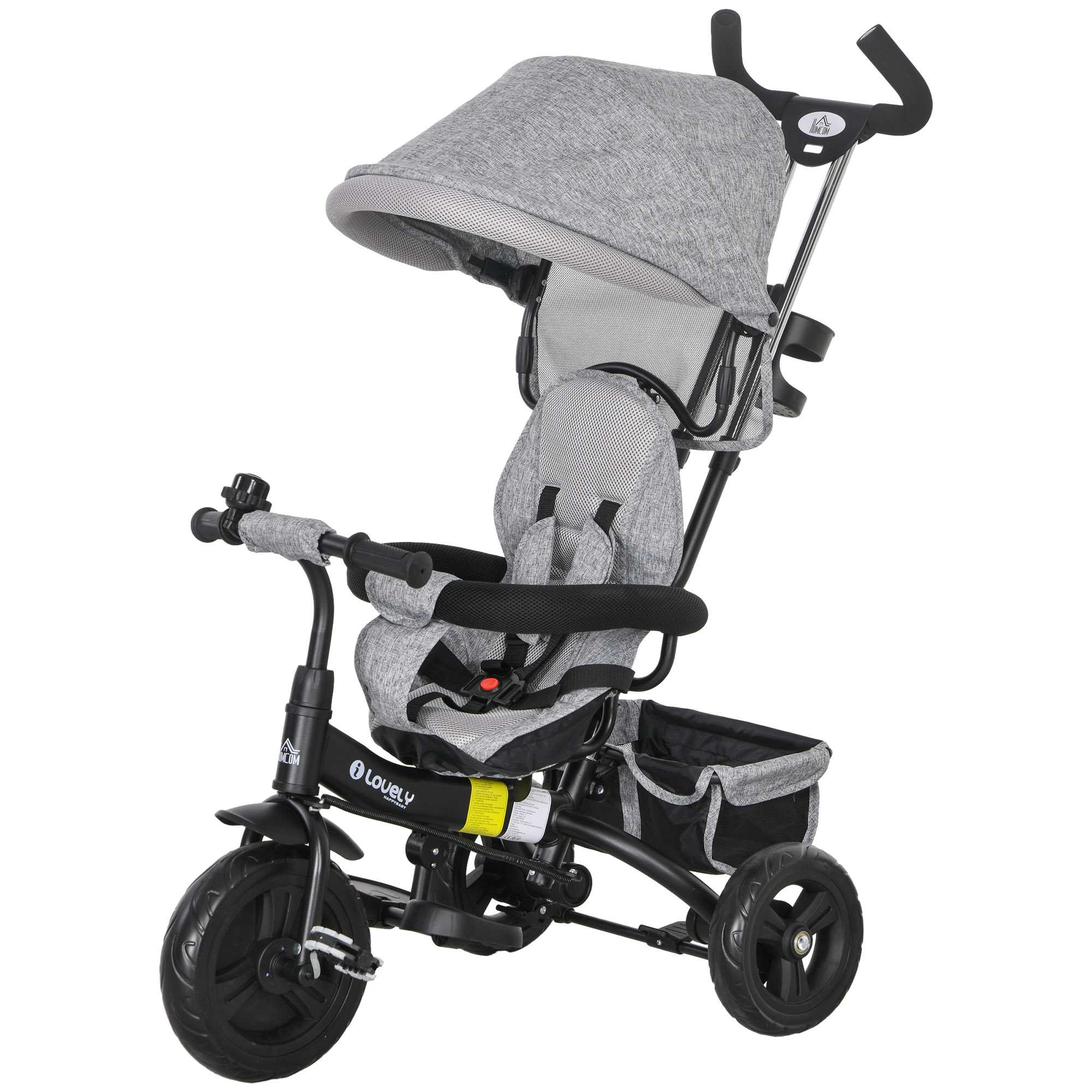 HOMCOM 6-in-1 Kinderdreirad mit Schiebestange, Dach, Gurt, Ablagekorb, für 1-5 Jahre, Grau