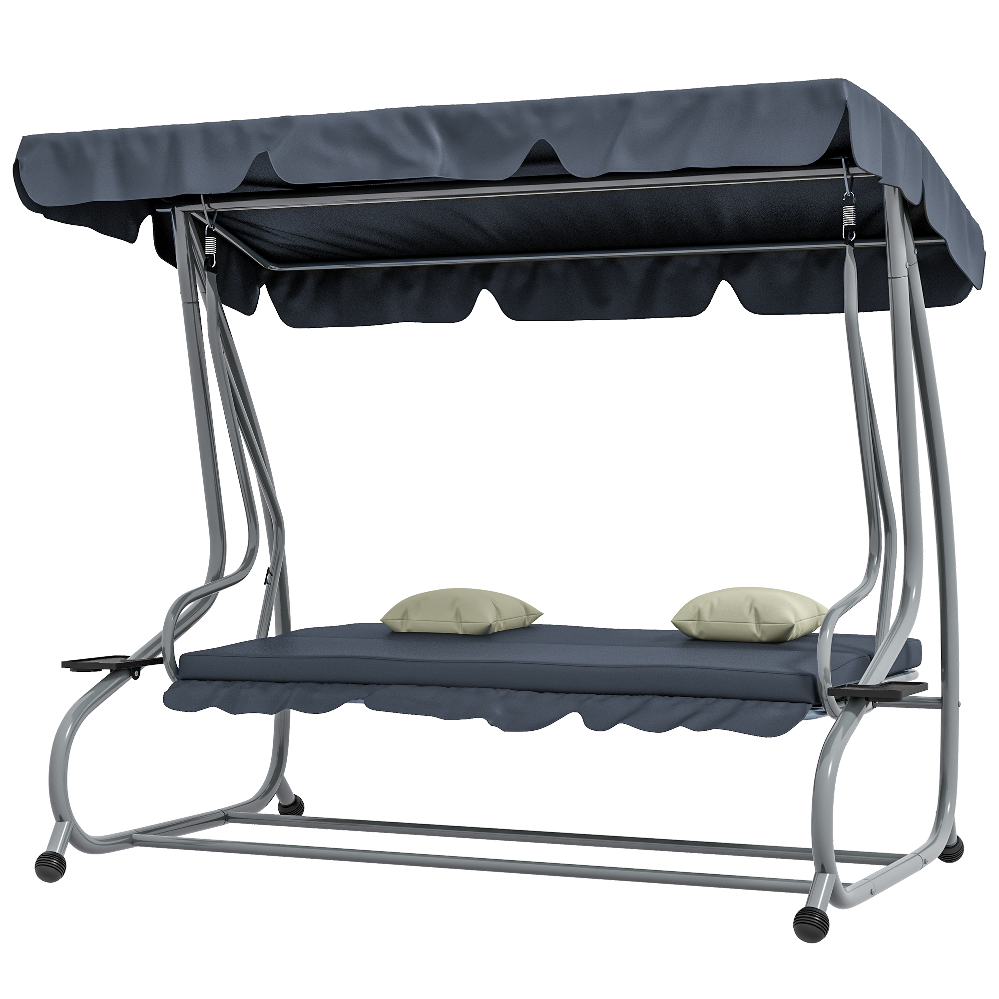 Outsunny Garten Schaukelbank 3 Plätze Umwandelbar Verstellbares Dach 2 Ablageflächen Polyester Grau 2L x 1,2B x 1,64H m Metall