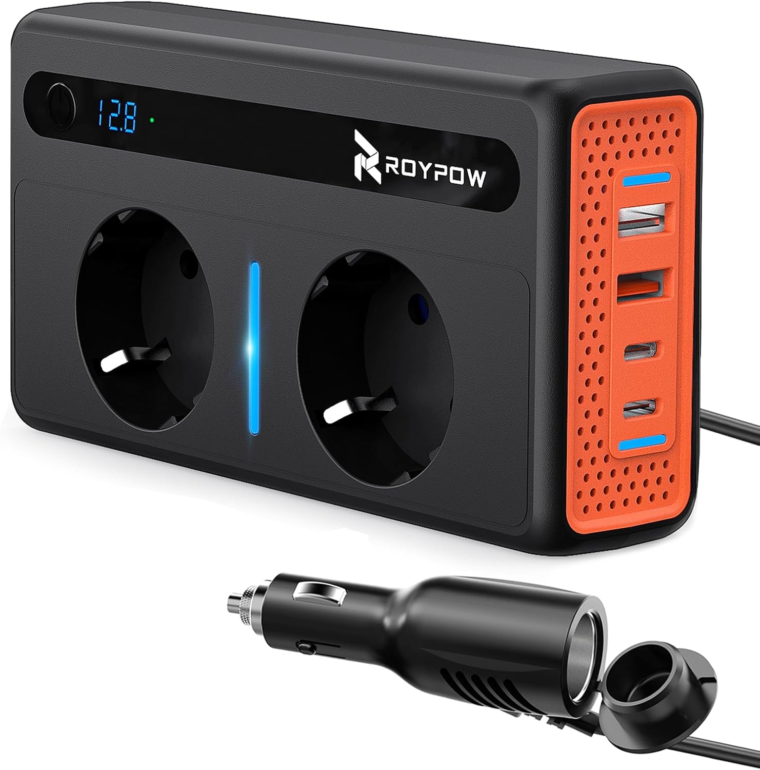 RoyPow Convertitore 12V 220v 230V 240V, 200W Trasformatore di Tensione per Auto,Inverter con 2 Prese CA e 4 porte USB Caricabatteria per Auto a Ricarica Rapida con Spina Accendisigari