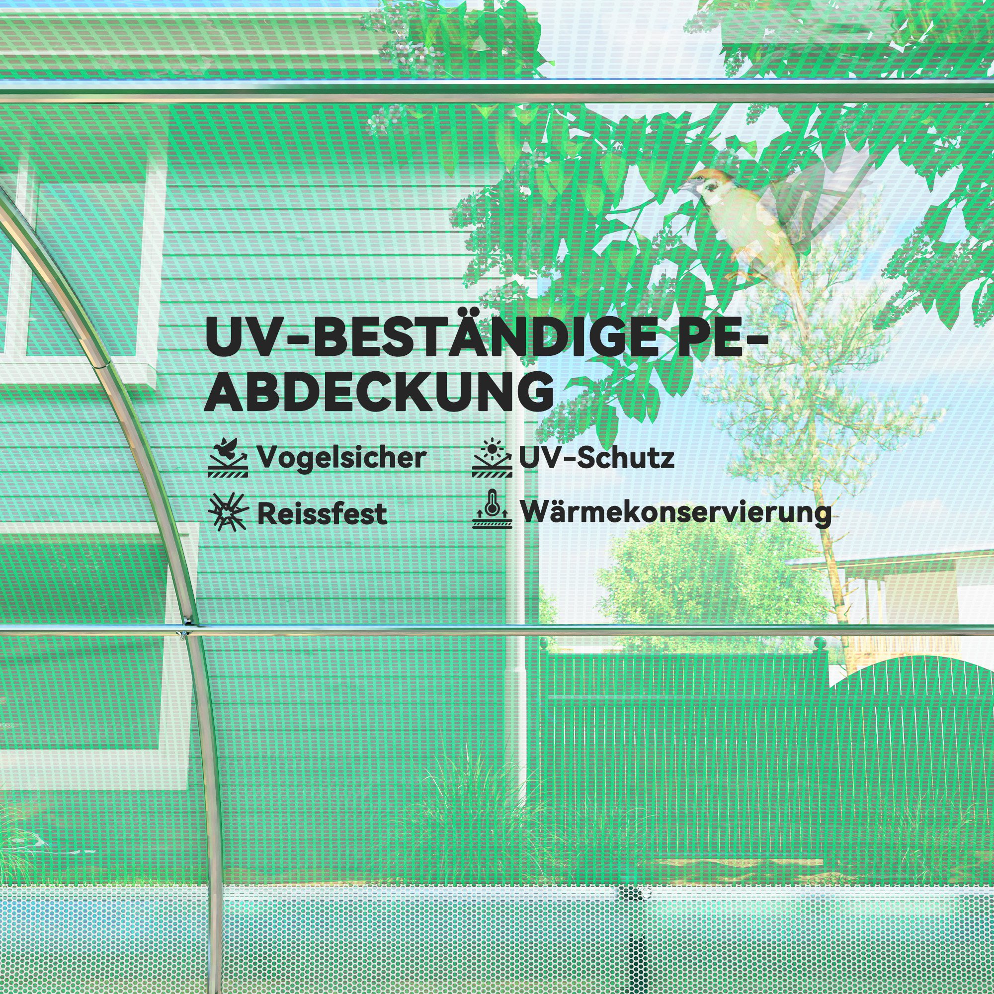 Outsunny 4 x 3 x 2 m Polykastunnel met Zonneschermnet, Oprolbare Zijwanden, Plastic Afdekking, Stalen Frame, Groen