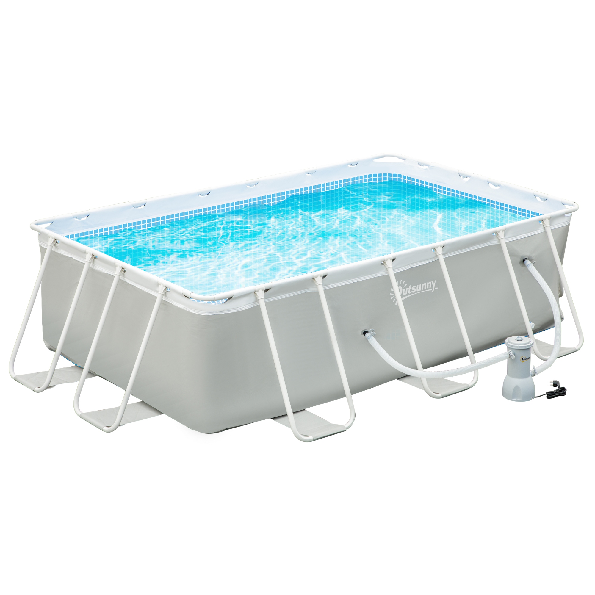 Outsunny Aufstellpool rechteckig mit Filter, Stahl und Kunststoff, Größe 340L x 215B x 80H cm, Hellgrau