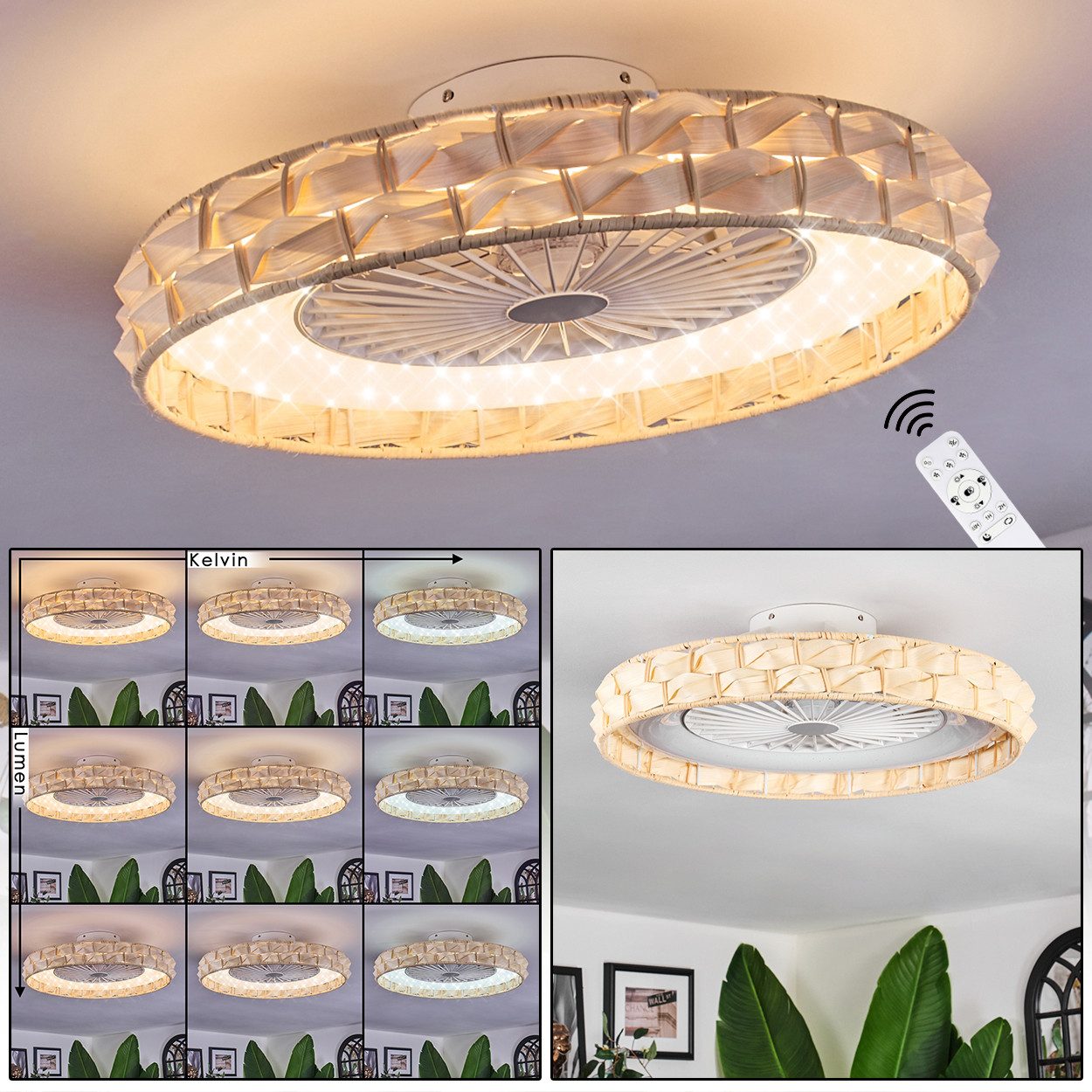 Deckenventilator Ventilator aus Kunststoff/Bambus in Weiß/Glitzereffekt/Natur