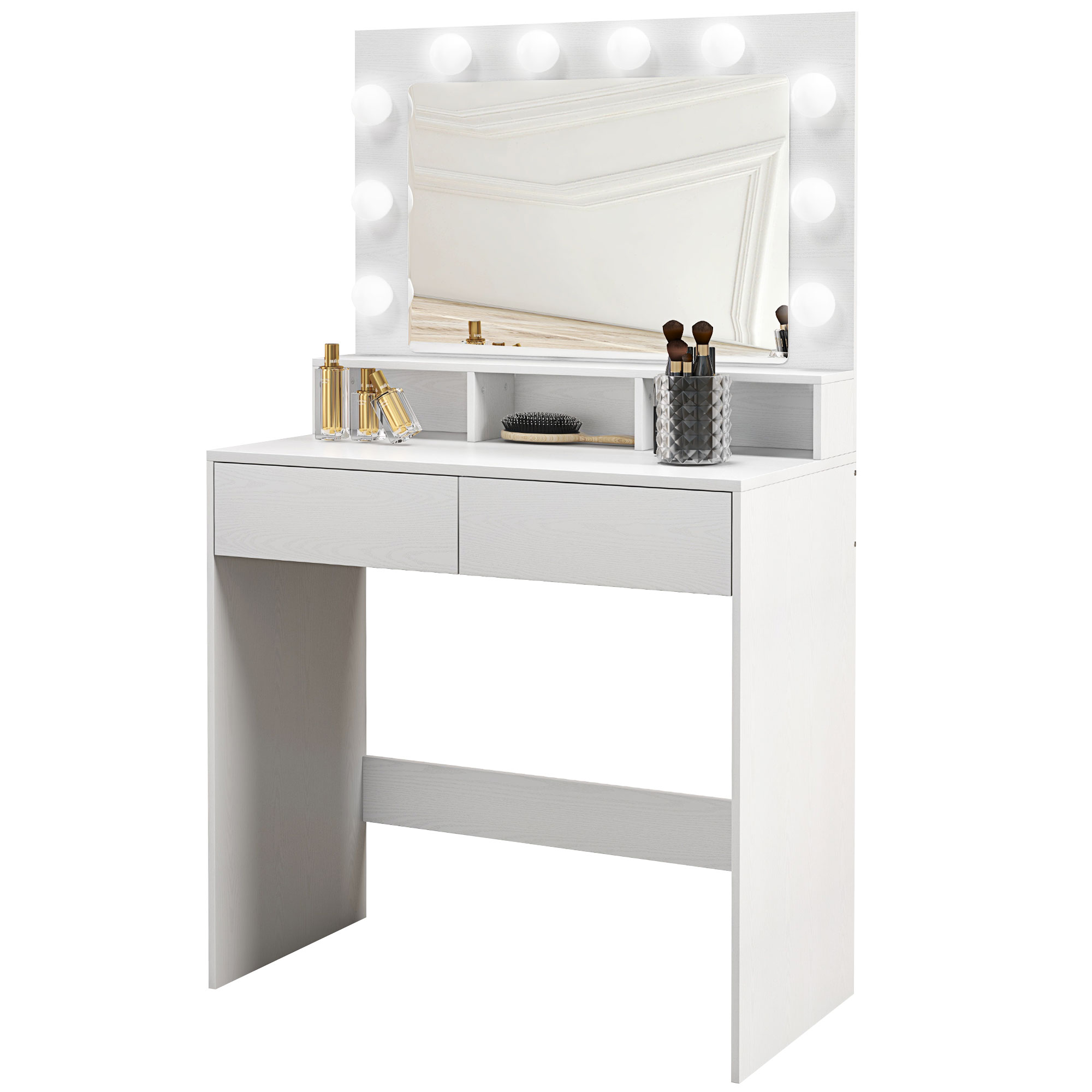 HOMCOM Coiffeuse mit Hollywood-Spiegel, Schubladen, 3 Beleuchtungsmodi, 10 Glühbirnen, 80 x 40 x 135 cm, Weiß