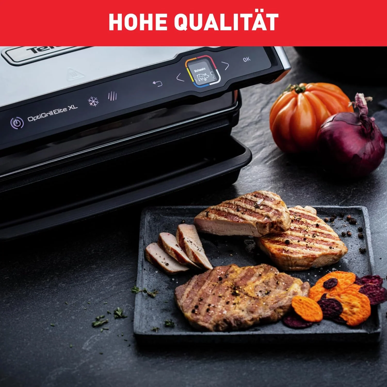 Tefal OptiGrill Elite XL Kontaktgrill, 16 Programme, Digitales Display mit Garstufenanzeige, abnehmbare XL-Platten, Grillboost-Funktion, intuitive Bedienung, Elektrogrill, Edelstahl, GC760D12