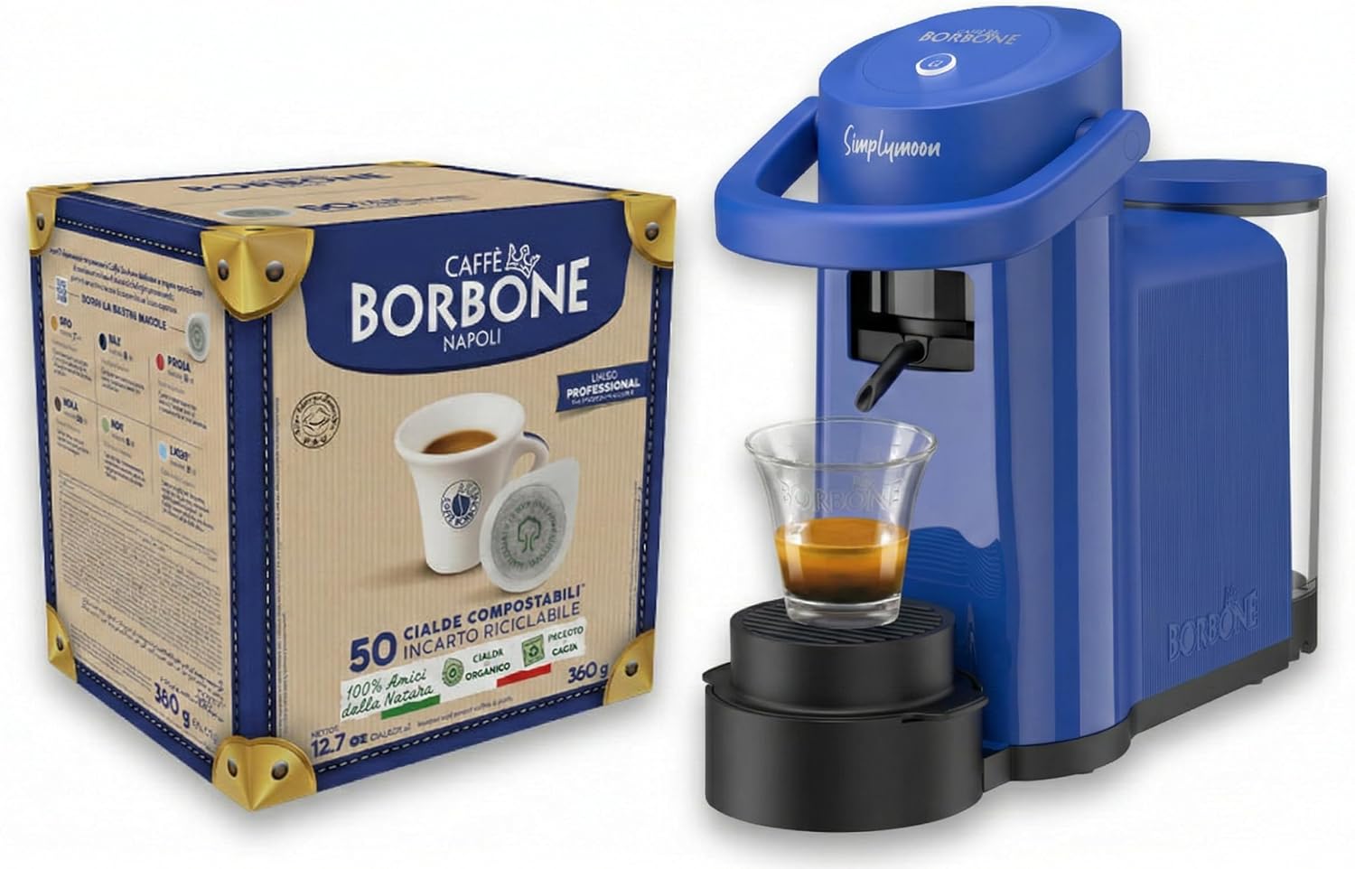 CAFFÈ BORBONE Simplymoon Macchina da Caffè a Cialde (Blu, Macchina + Cialda Blu)