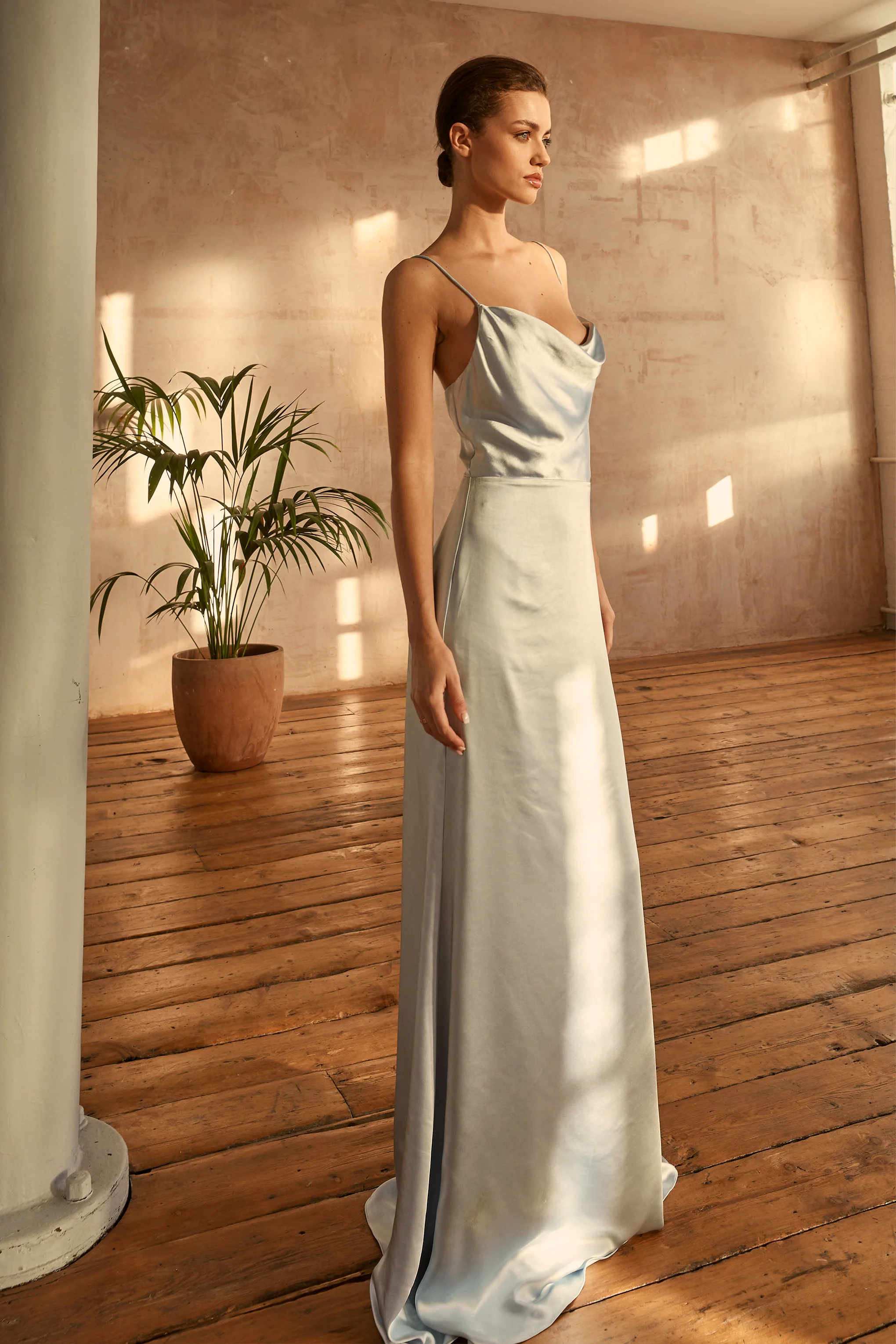 Vivian Icy Blue Cowl-Neck Bias Cut Maxi-Dress
